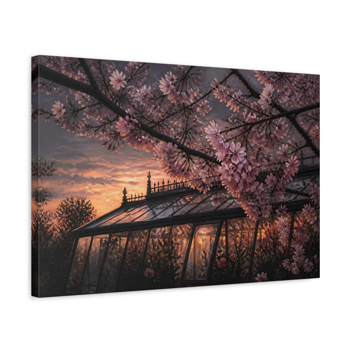 Side Mockup 3. Cherry Blossom Greenhouse Sunset shown as canvas print