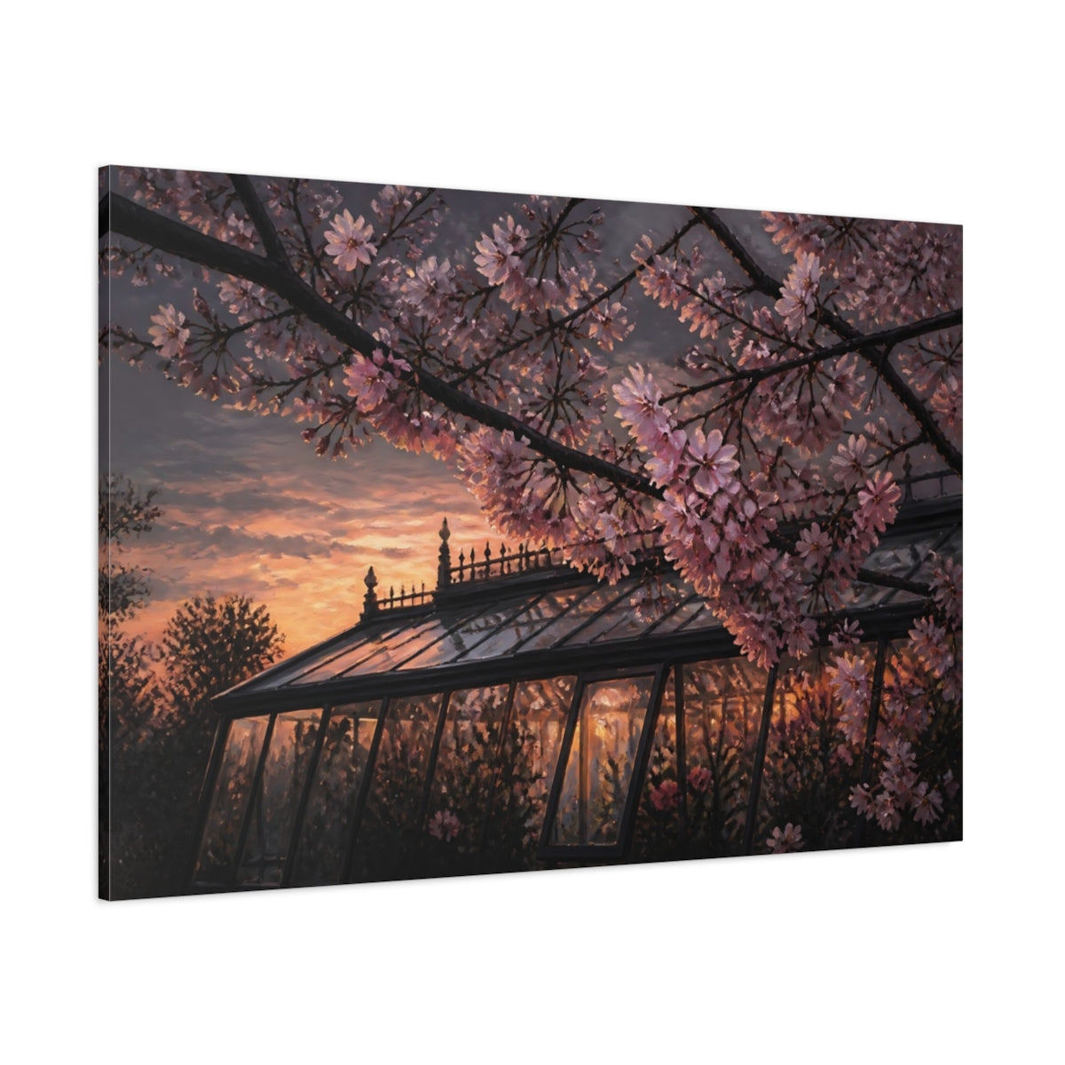 Side Mockup 1. Cherry Blossom Greenhouse Sunset shown as canvas print