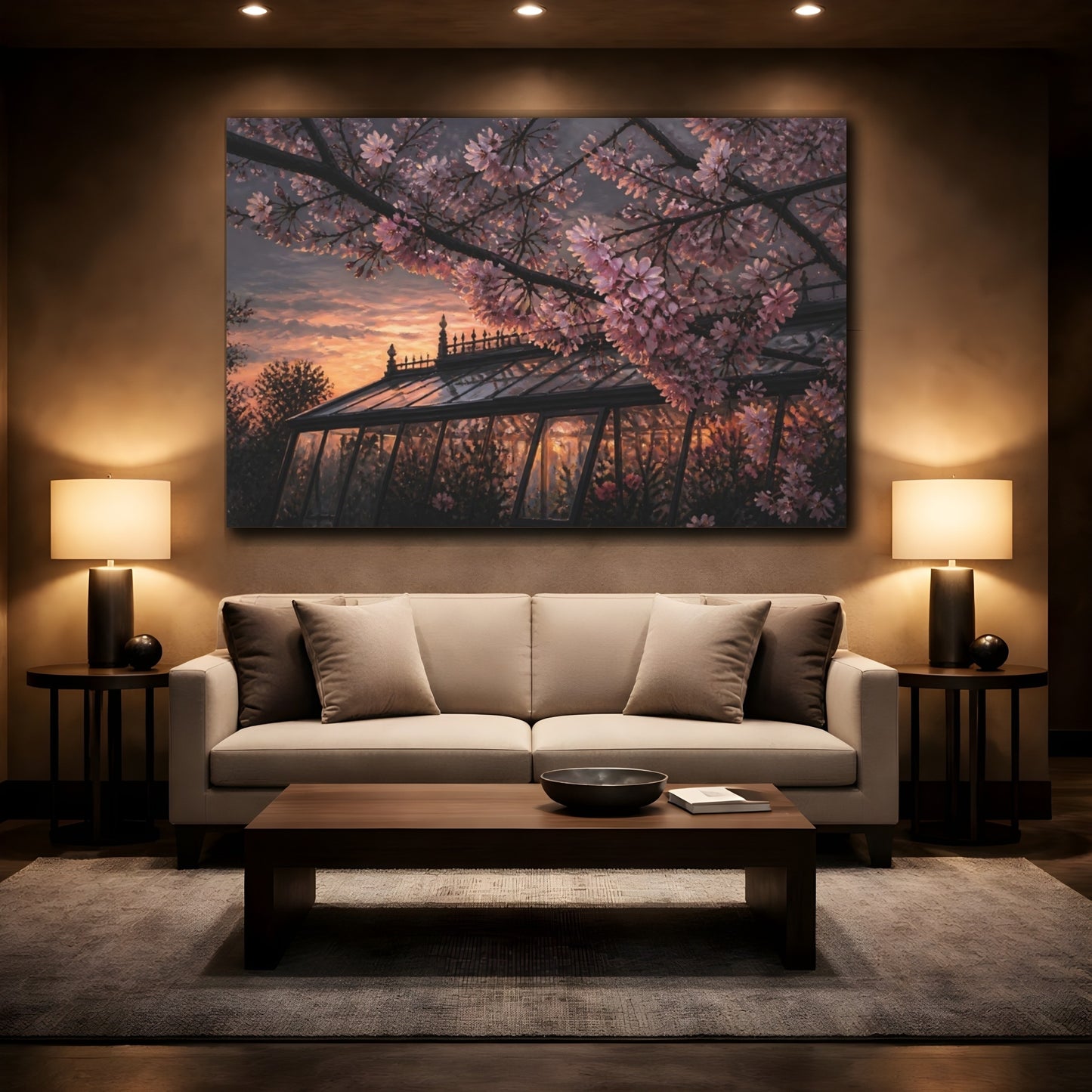 Mockup 2. Cherry Blossom Greenhouse Sunset shown as canvas print