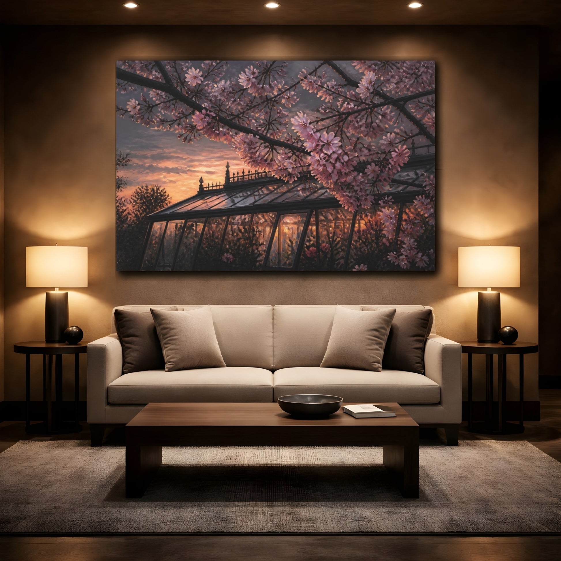 Mockup 2. Cherry Blossom Greenhouse Sunset shown as canvas print
