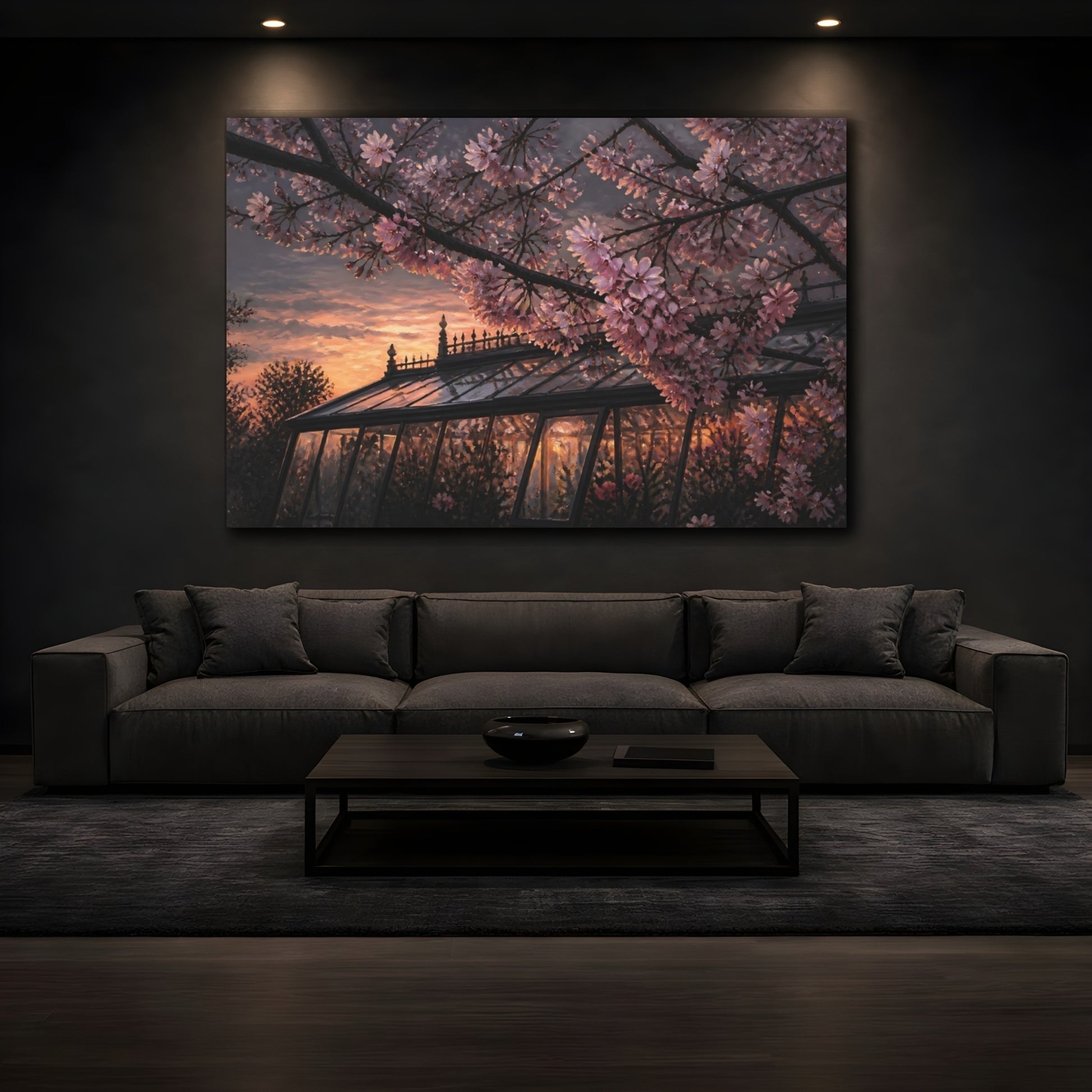 Mockup 3. Cherry Blossom Greenhouse Sunset shown as canvas print