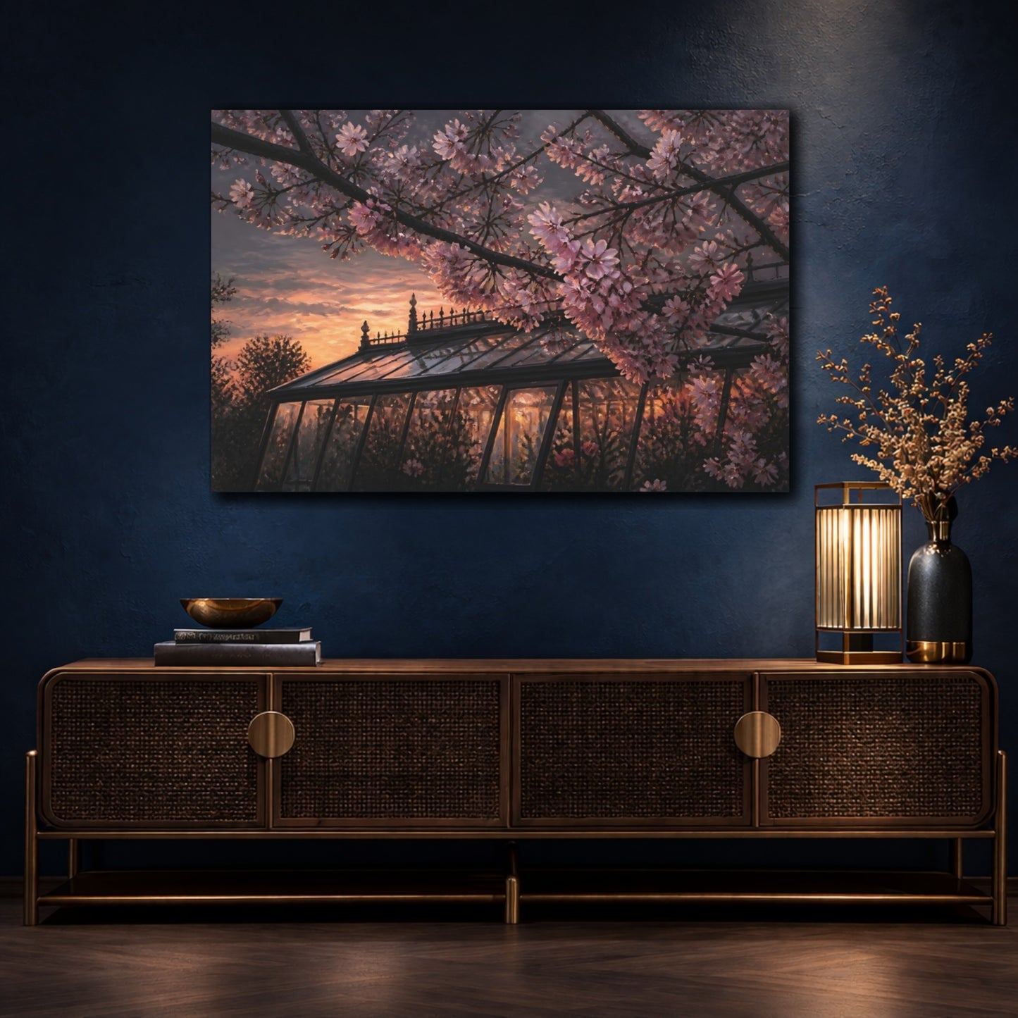 Mockup 4. Cherry Blossom Greenhouse Sunset shown as canvas print