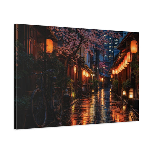 Cherry Blossom Lantern Alley Canvas Print – Living Room, Above Console Table, Warm Orange, Pink, Deep Blue - YesArtYes