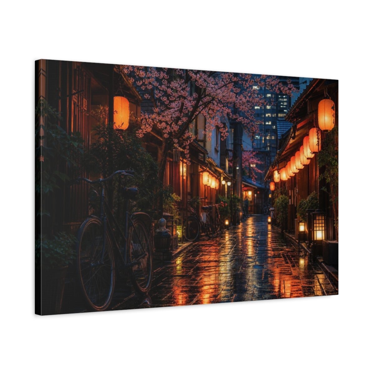 Cherry Blossom Lantern Alley Canvas Print – Living Room, Above Console Table, Warm Orange, Pink, Deep Blue - YesArtYes