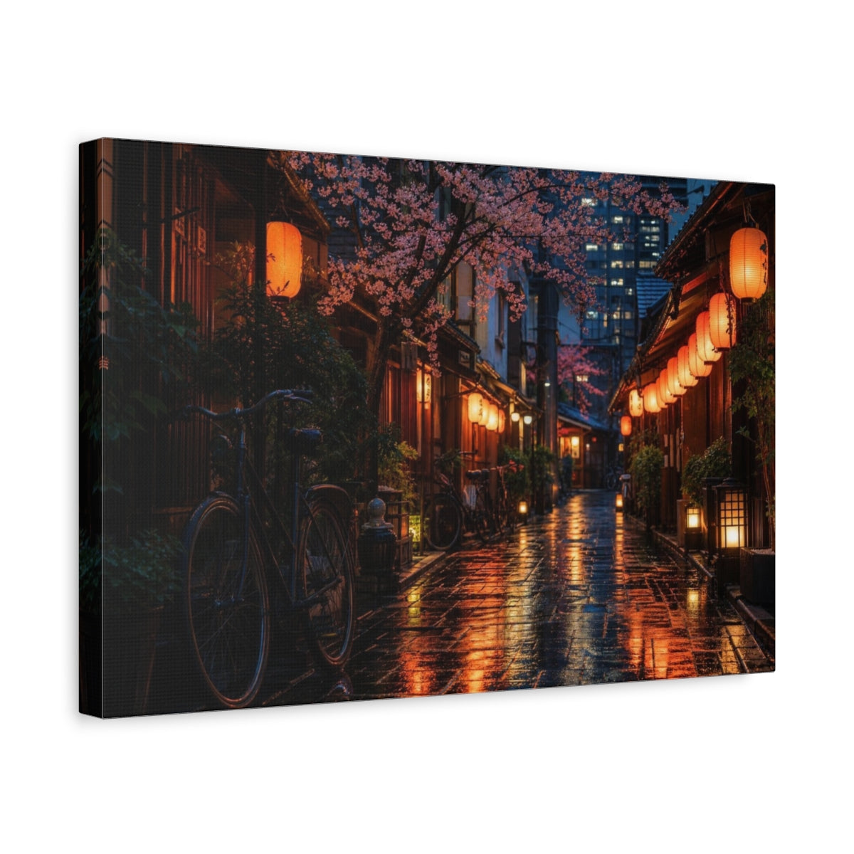 Side Mockup 4. Cherry Blossom Lantern Alley shown as canvas print