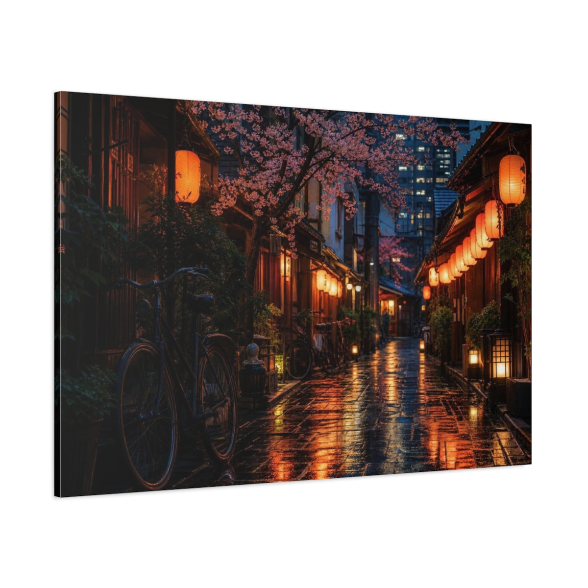 Side Mockup 1. Cherry Blossom Lantern Alley shown as canvas print