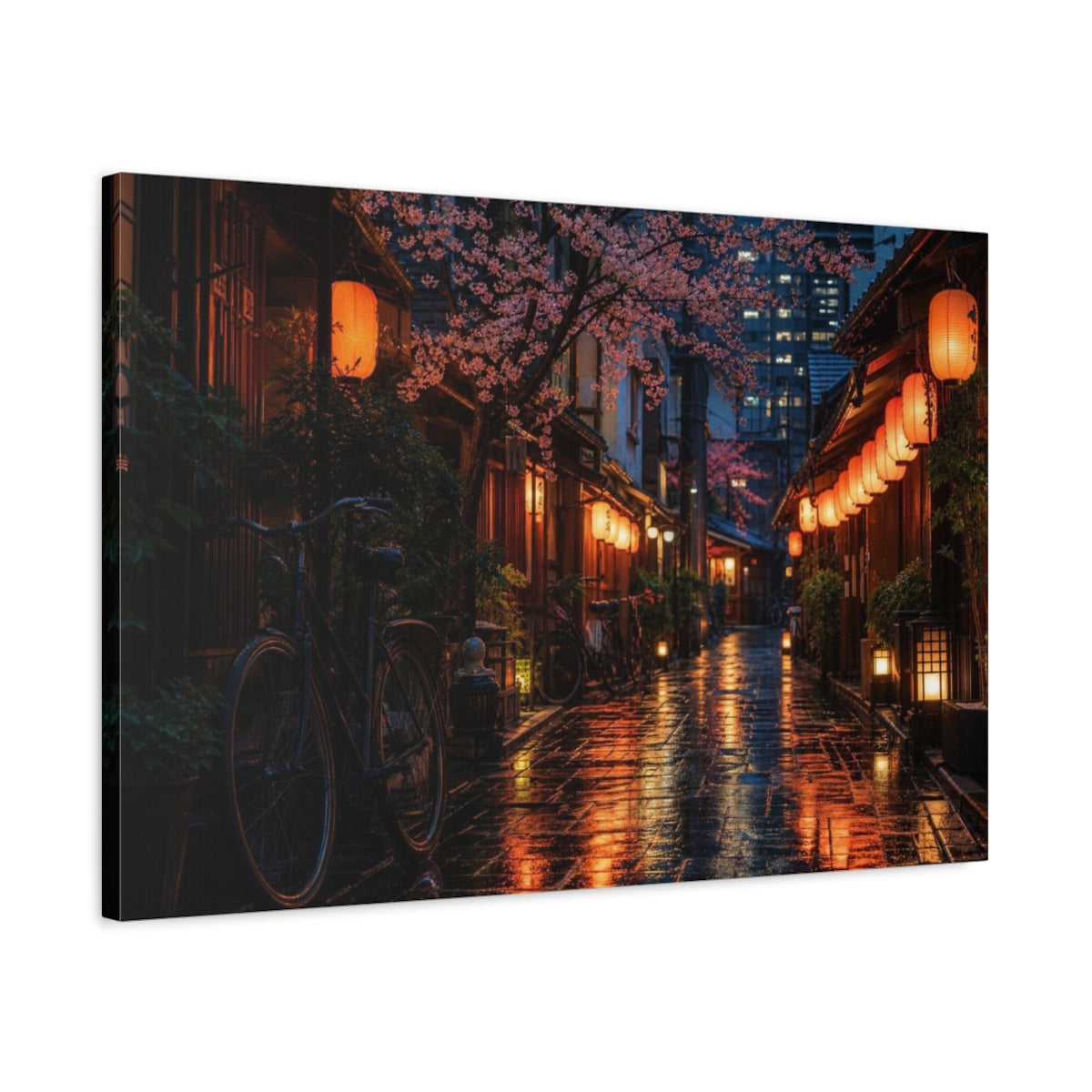 Side Mockup 2. Cherry Blossom Lantern Alley shown as canvas print