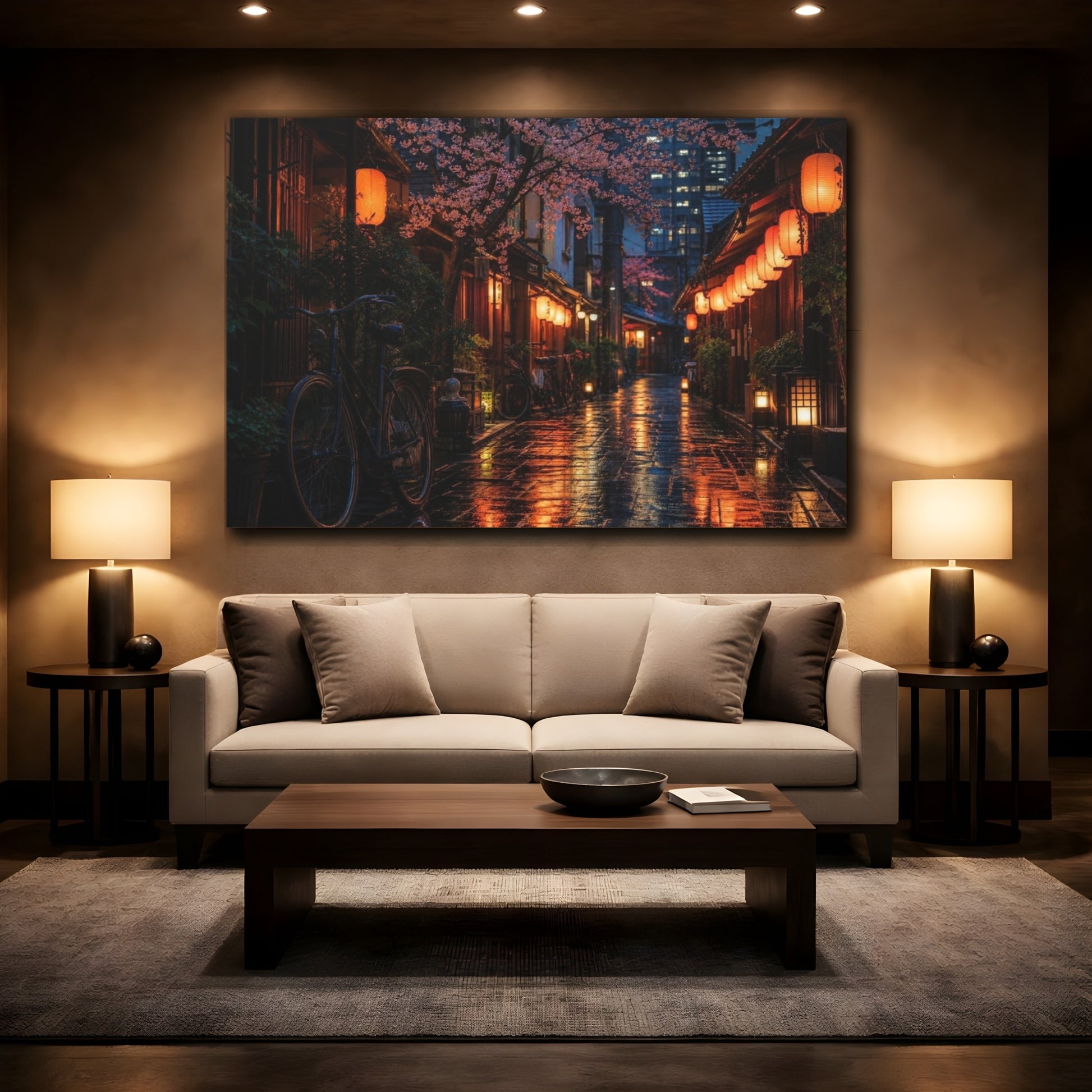 Mockup 2. Cherry Blossom Lantern Alley shown as canvas print