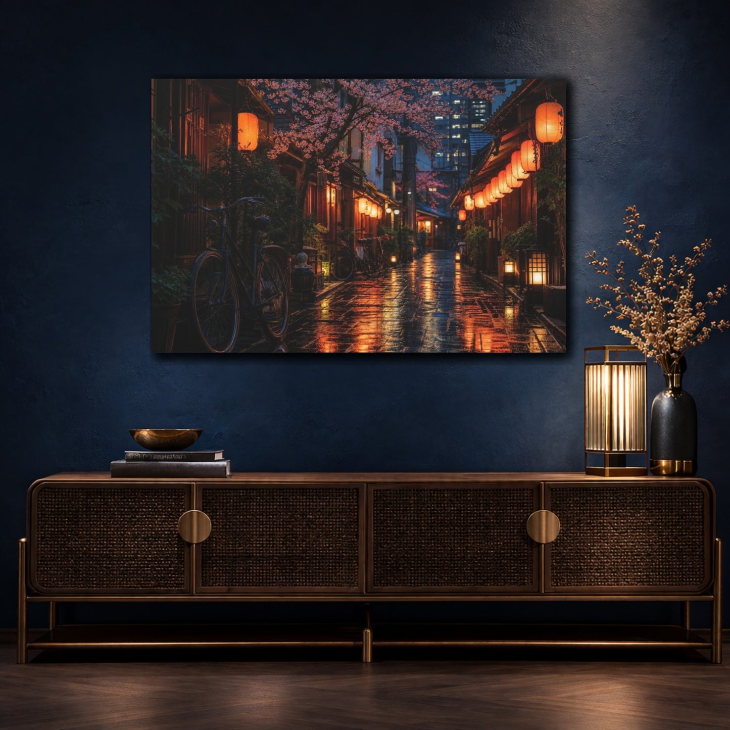 Mockup 4. Cherry Blossom Lantern Alley shown as canvas print
