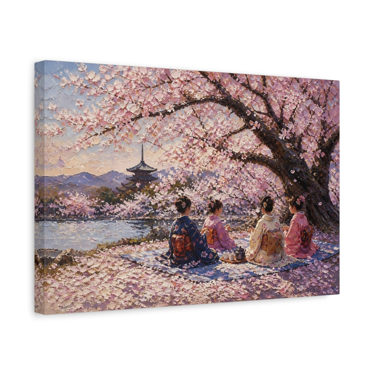 Side Mockup 4. Cherry Blossom Picnic shown as canvas print