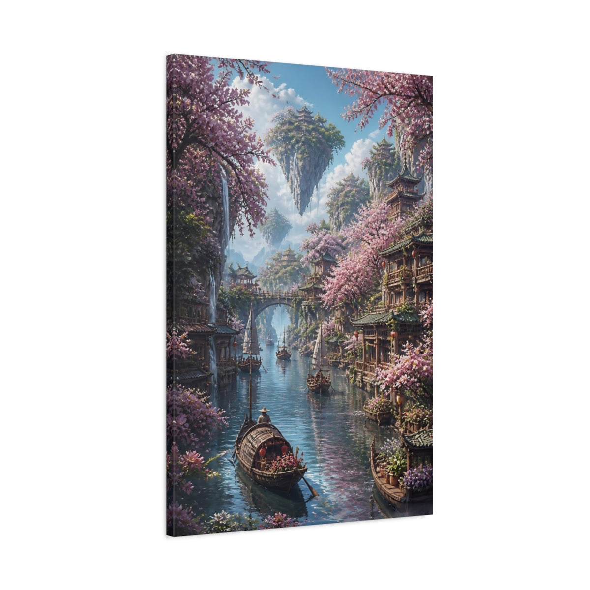 Main Mockup. Cherry Blossom River Village shown as canvas print