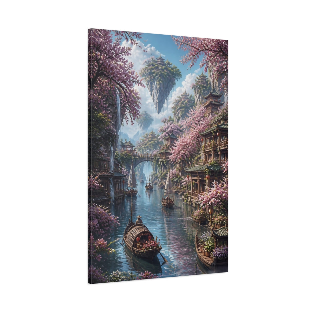 Side Mockup 1. Cherry Blossom River Village shown as canvas print