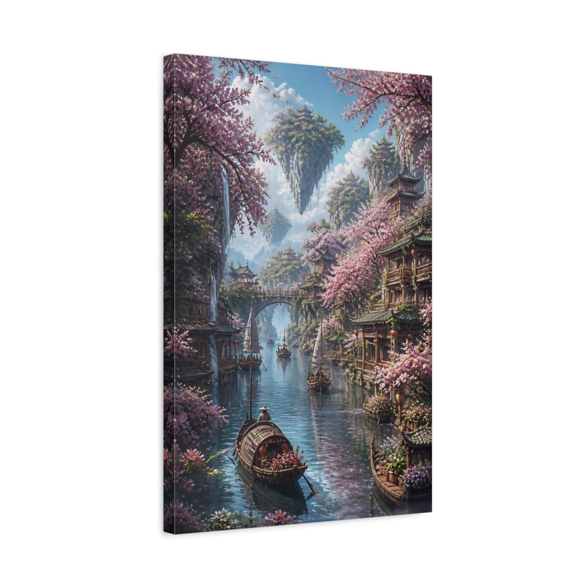 Side Mockup 3. Cherry Blossom River Village shown as canvas print