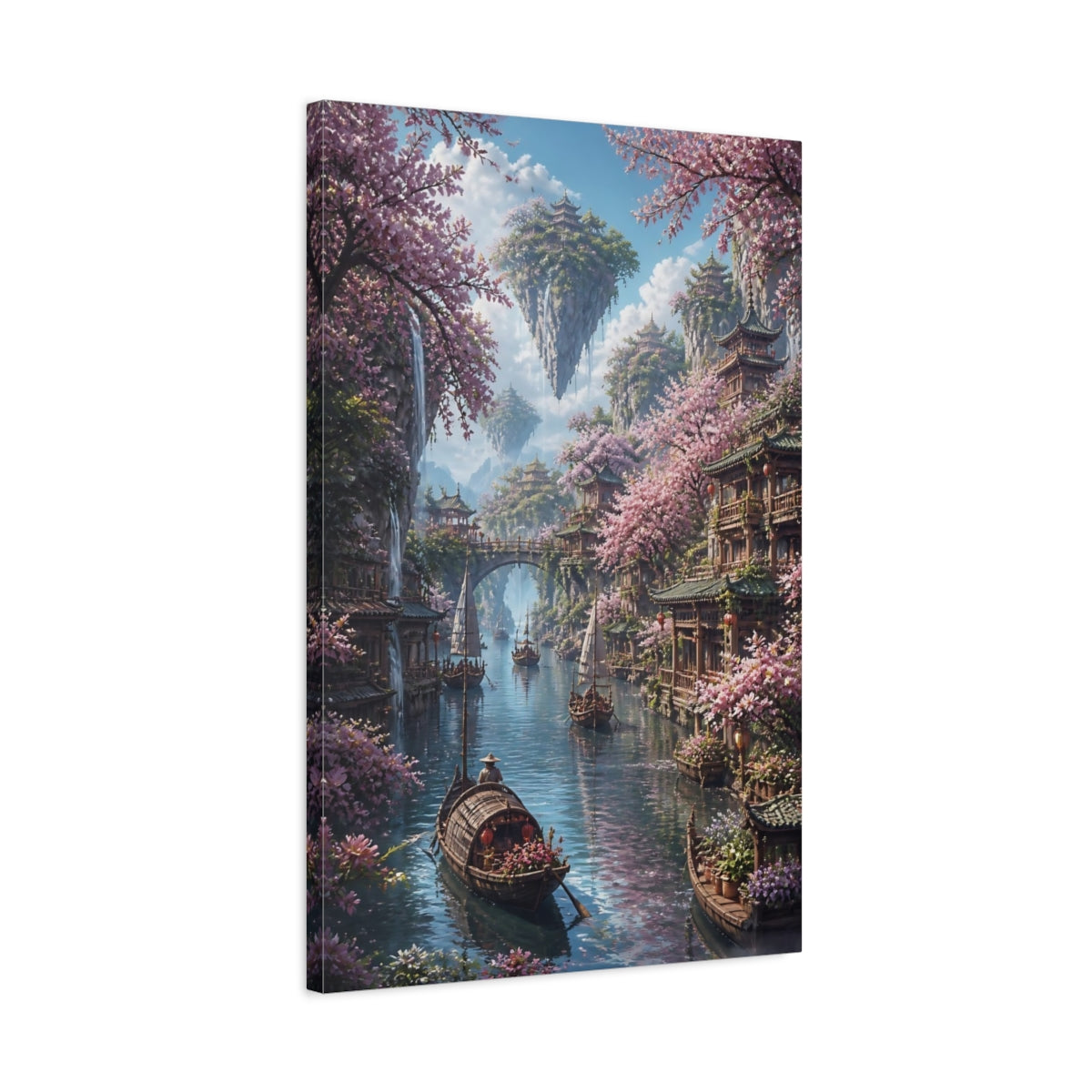 Side Mockup 2. Cherry Blossom River Village shown as canvas print