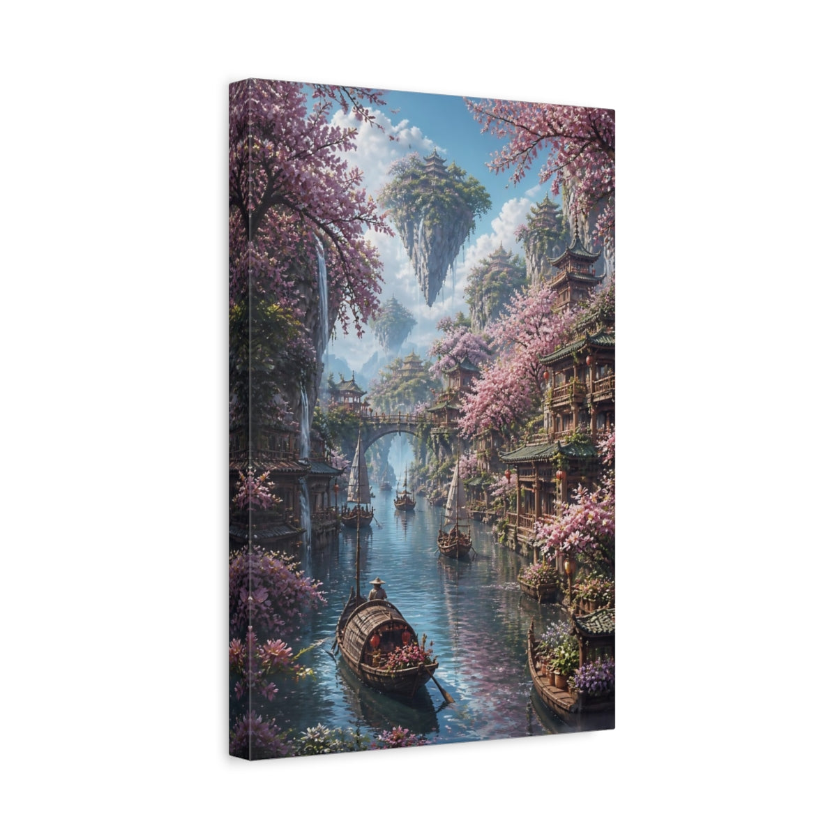 Side Mockup 4. Cherry Blossom River Village shown as canvas print