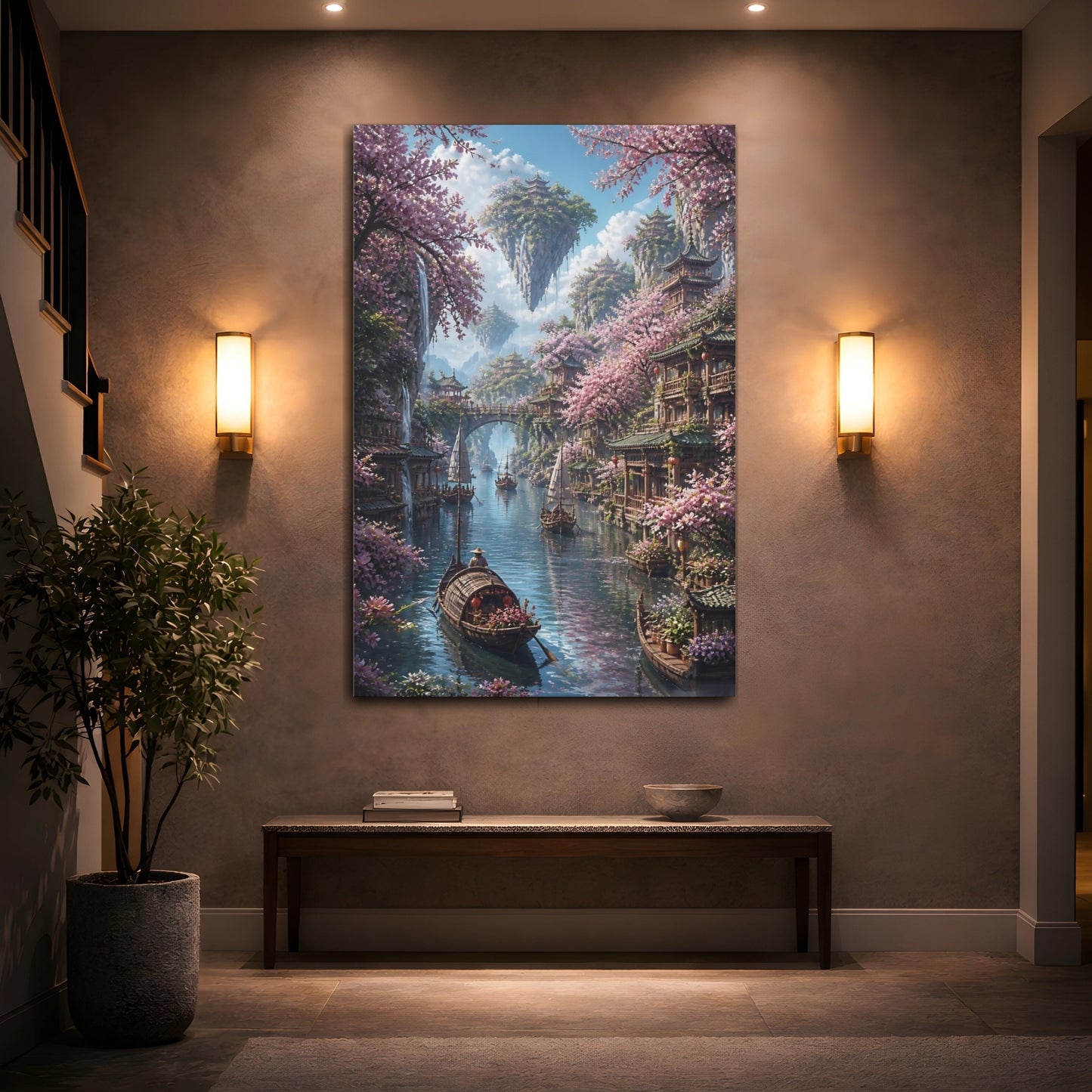 Mockup 2. Cherry Blossom River Village shown as canvas print