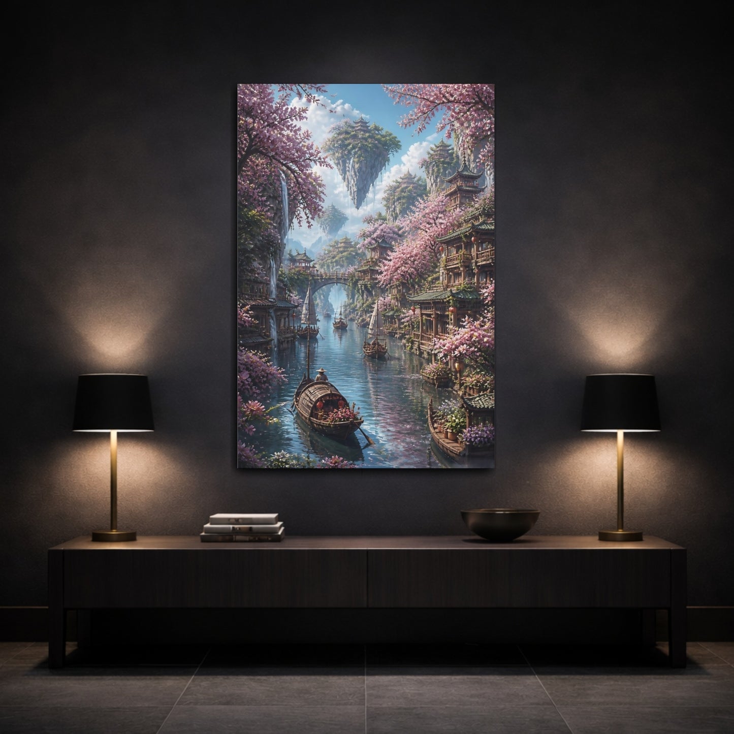 Mockup 3. Cherry Blossom River Village shown as canvas print