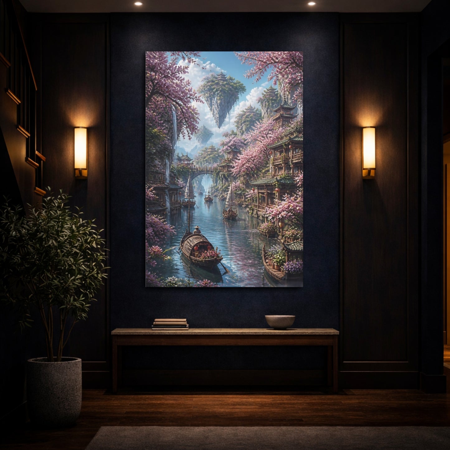 Mockup 4. Cherry Blossom River Village shown as canvas print