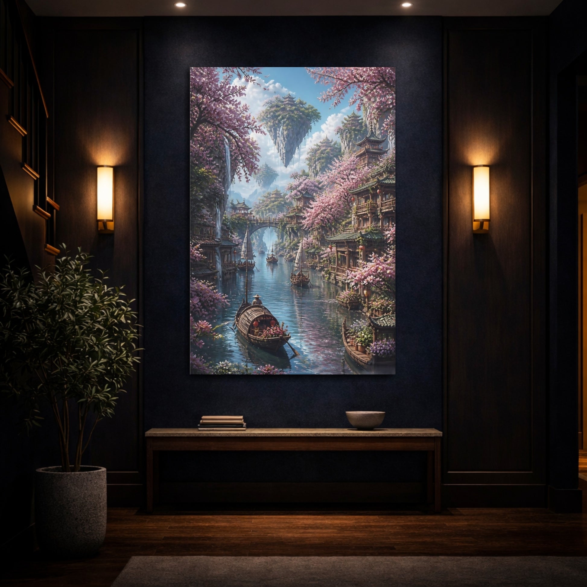 Mockup 4. Cherry Blossom River Village shown as canvas print