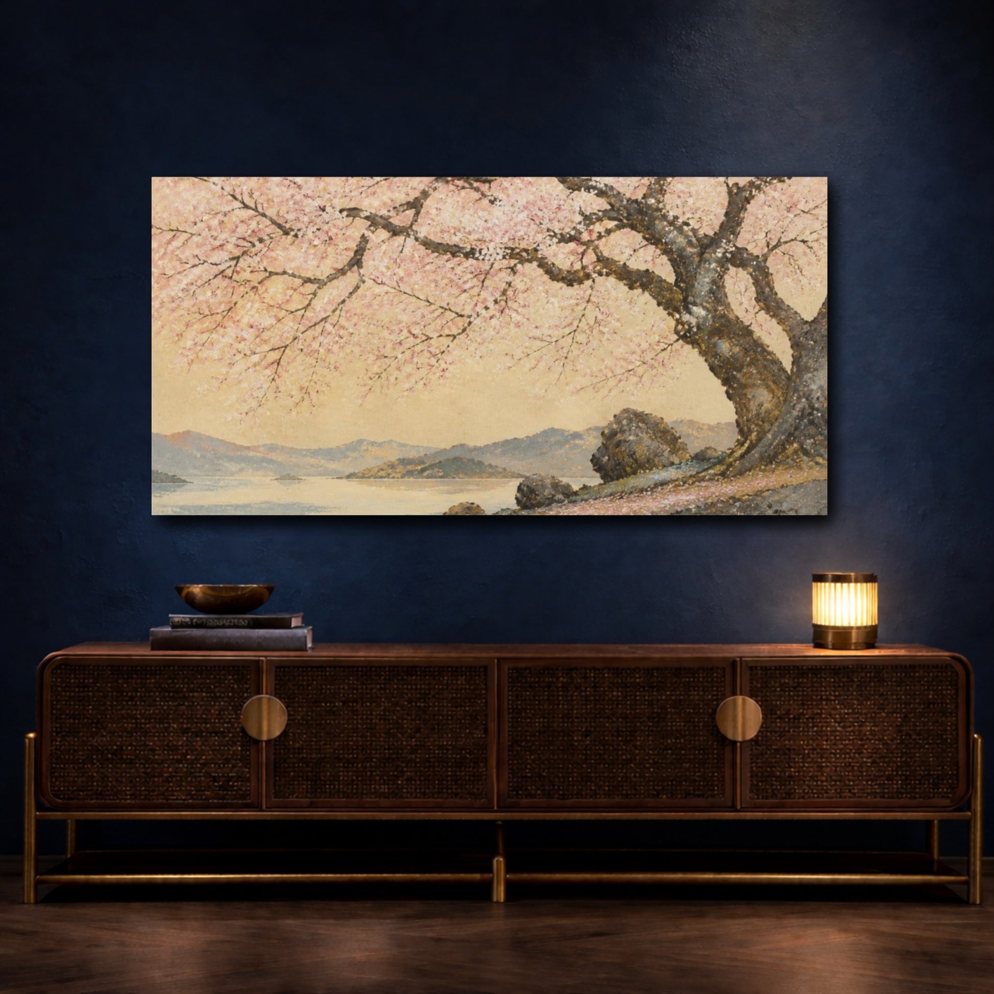 Mockup 4. Cherry Blossom Shoreline shown as canvas print