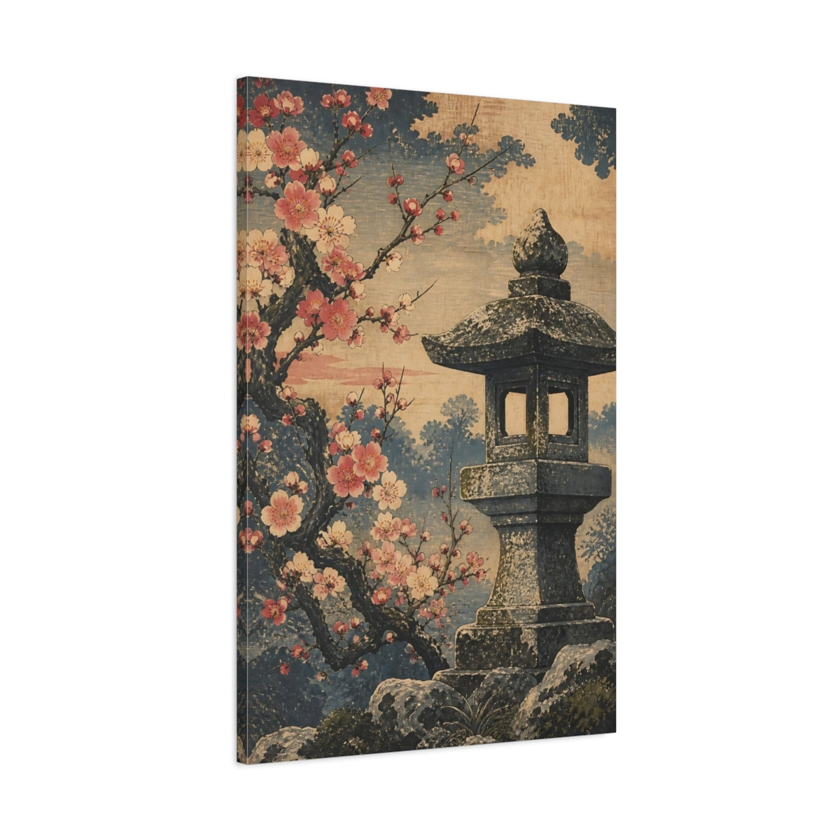 Main Mockup. Cherry Blossom Stone Lantern shown as canvas print