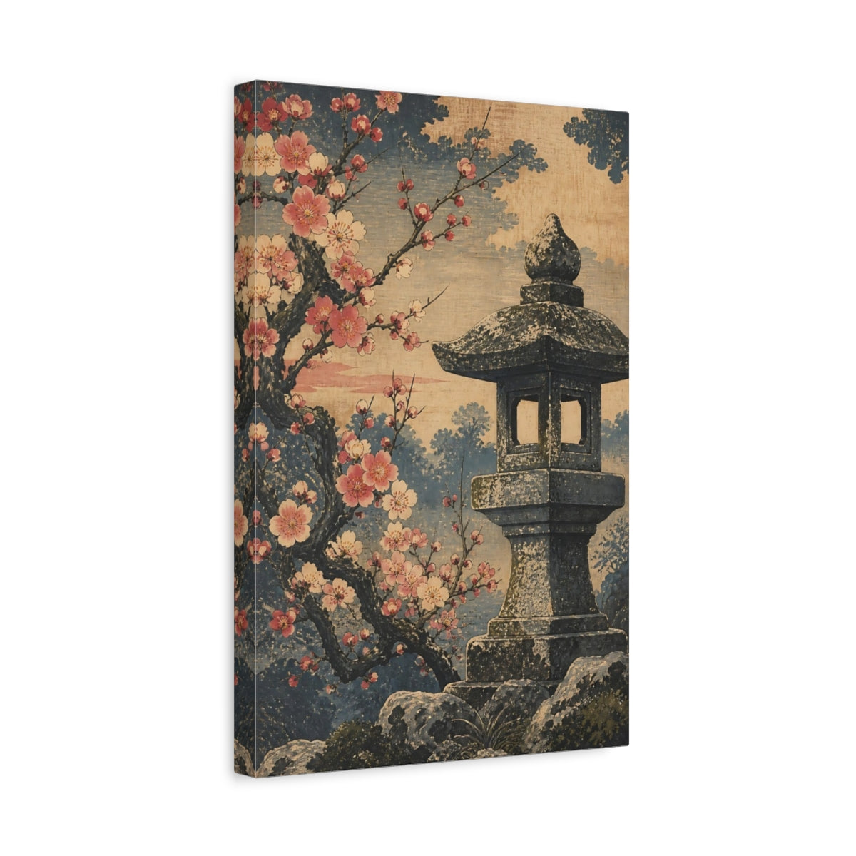 Side Mockup 4. Cherry Blossom Stone Lantern shown as canvas print