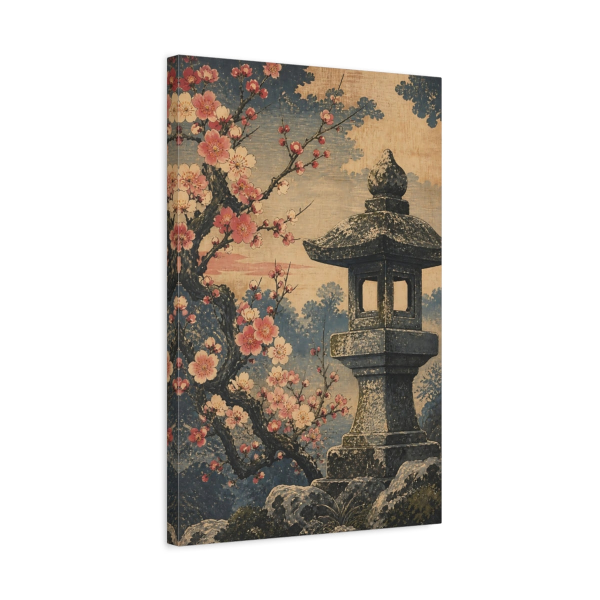 Side Mockup 3. Cherry Blossom Stone Lantern shown as canvas print