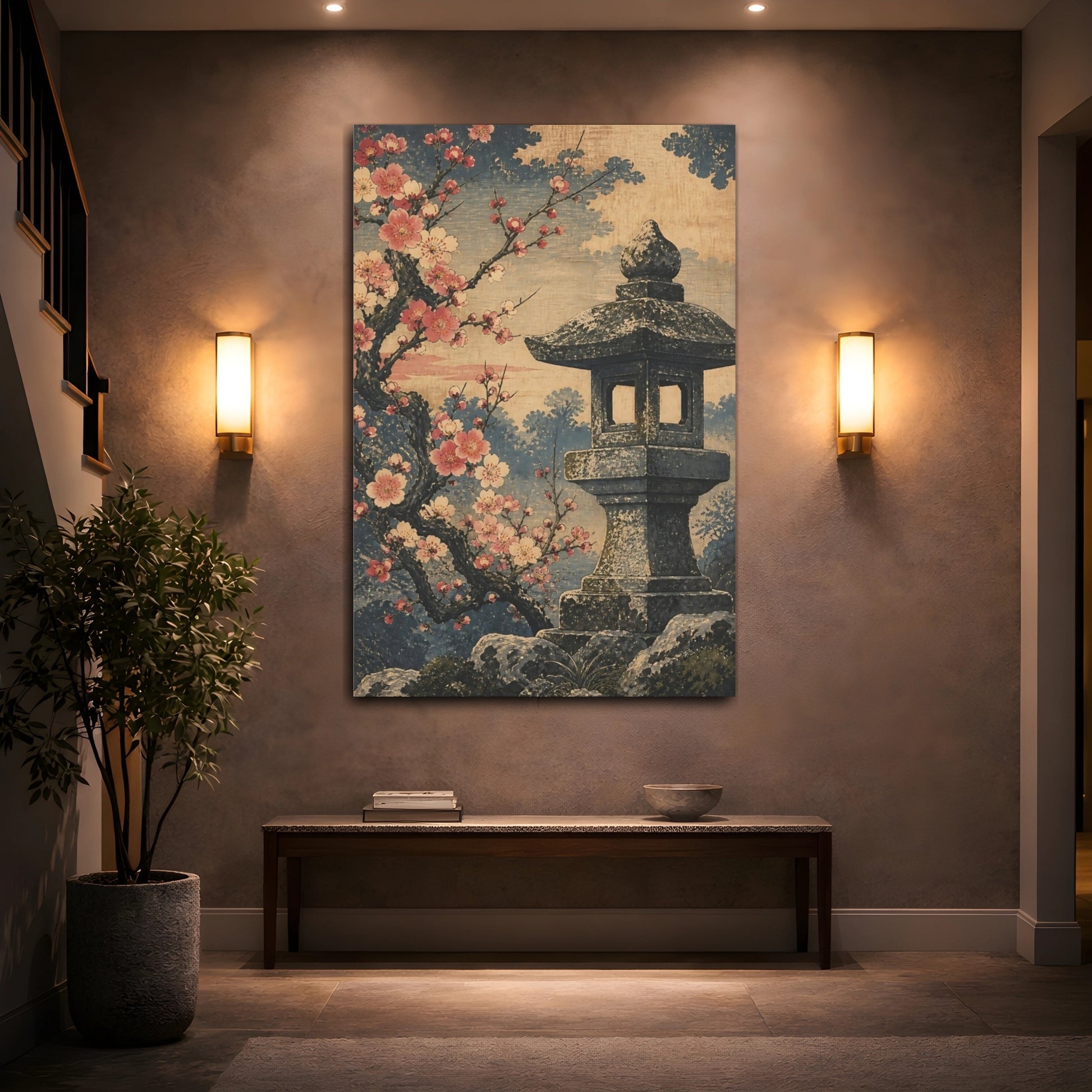 Mockup 2. Cherry Blossom Stone Lantern shown as canvas print