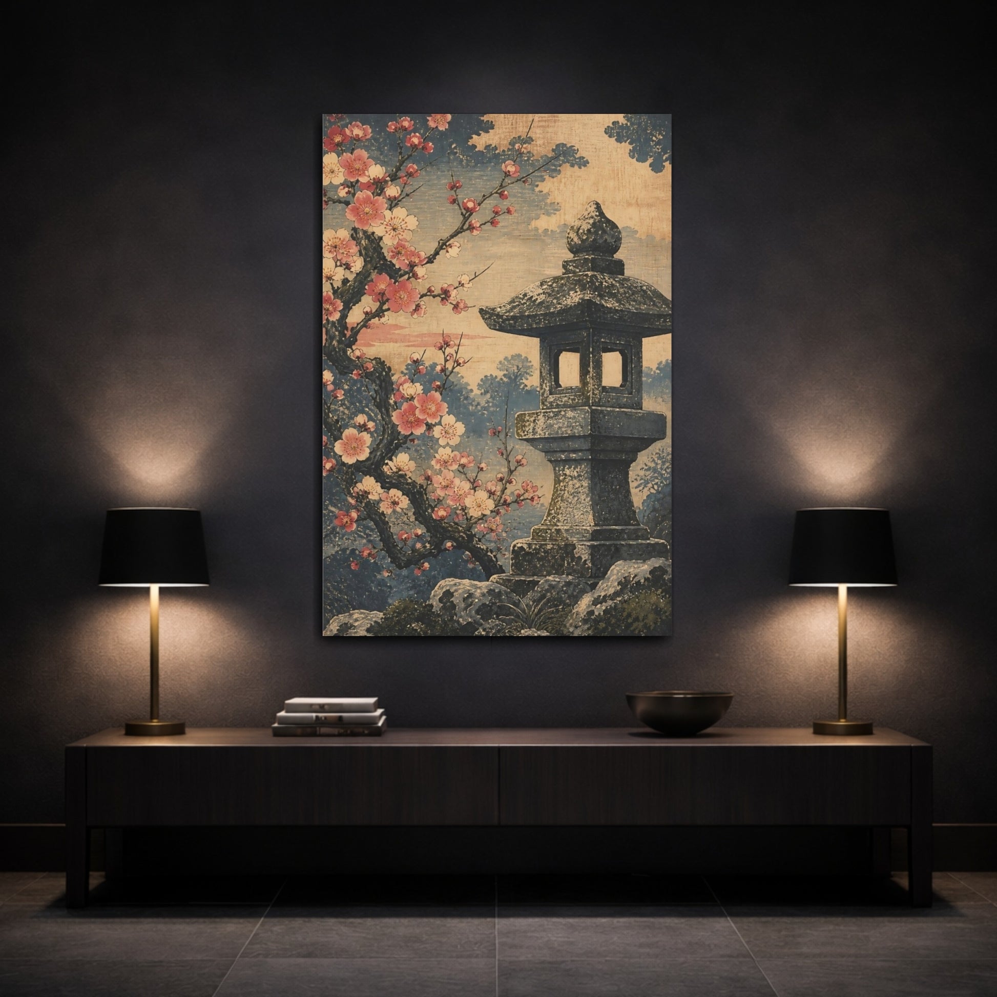 Mockup 3. Cherry Blossom Stone Lantern shown as canvas print