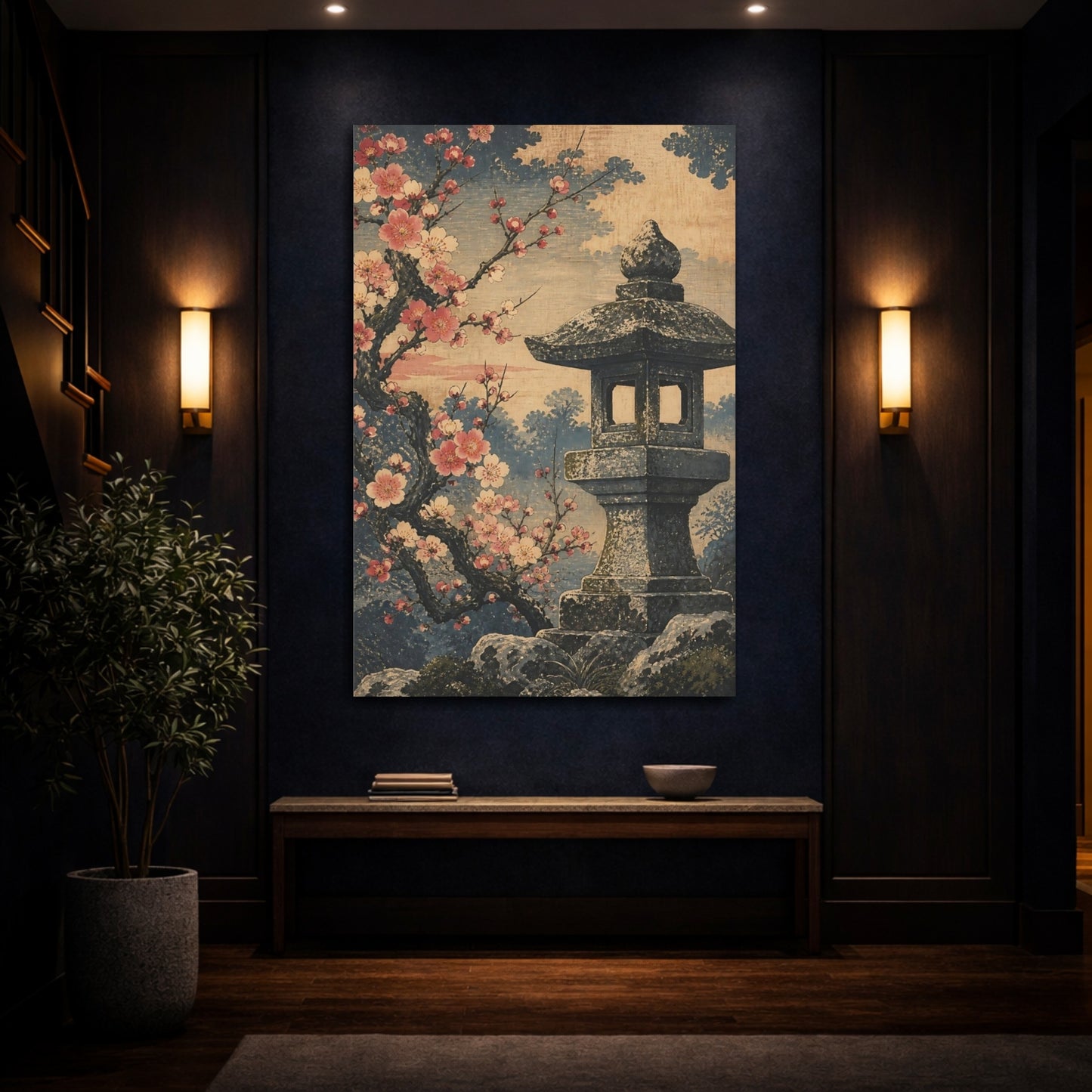 Mockup 4. Cherry Blossom Stone Lantern shown as canvas print