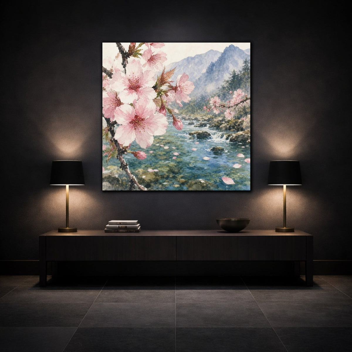 Cherry Blossom Stream Canvas Print – Living Room, Above Console Table, Pink And Teal - YesArtYes