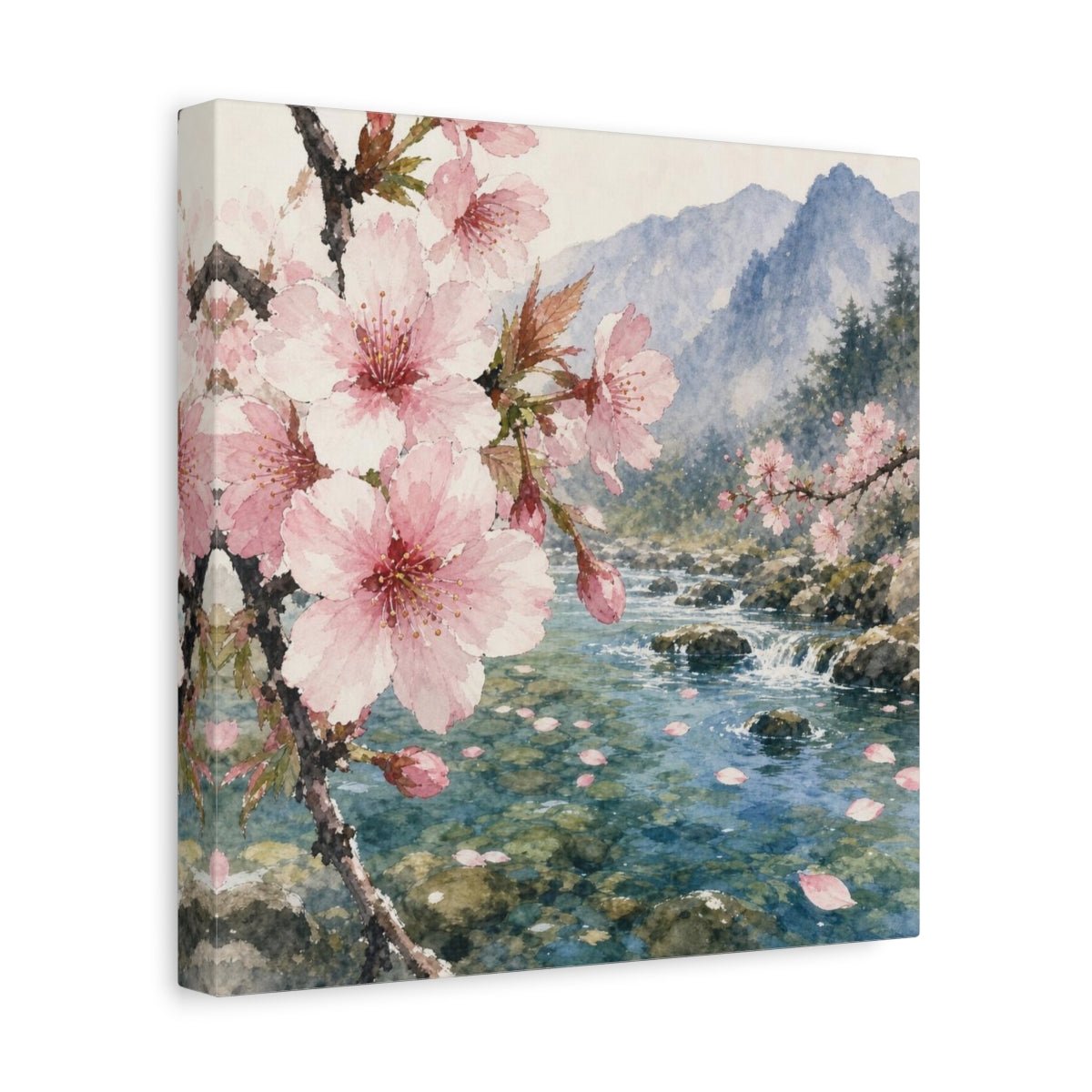 Cherry Blossom Stream Canvas Print – Living Room, Above Console Table, Pink And Teal - YesArtYes