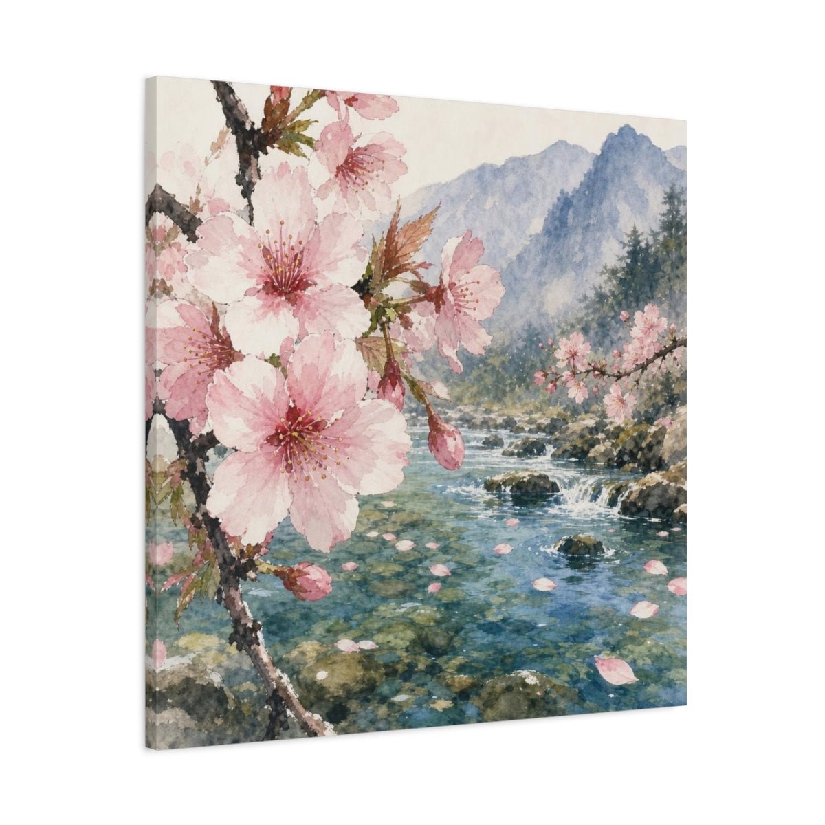 Cherry Blossom Stream Canvas Print – Living Room, Above Console Table, Pink And Teal - YesArtYes