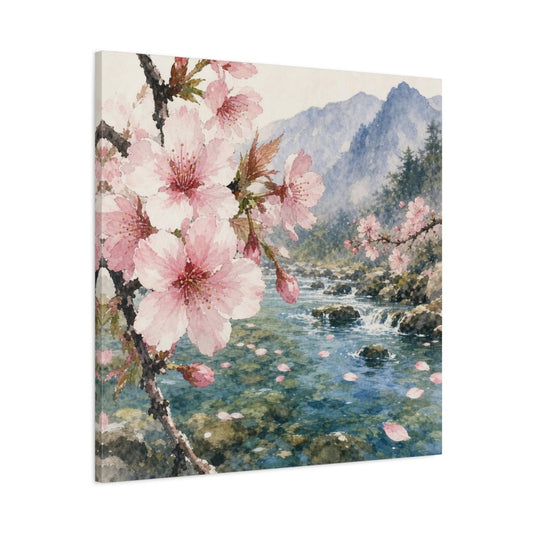 Cherry Blossom Stream Canvas Print – Living Room, Above Console Table, Pink And Teal - YesArtYes