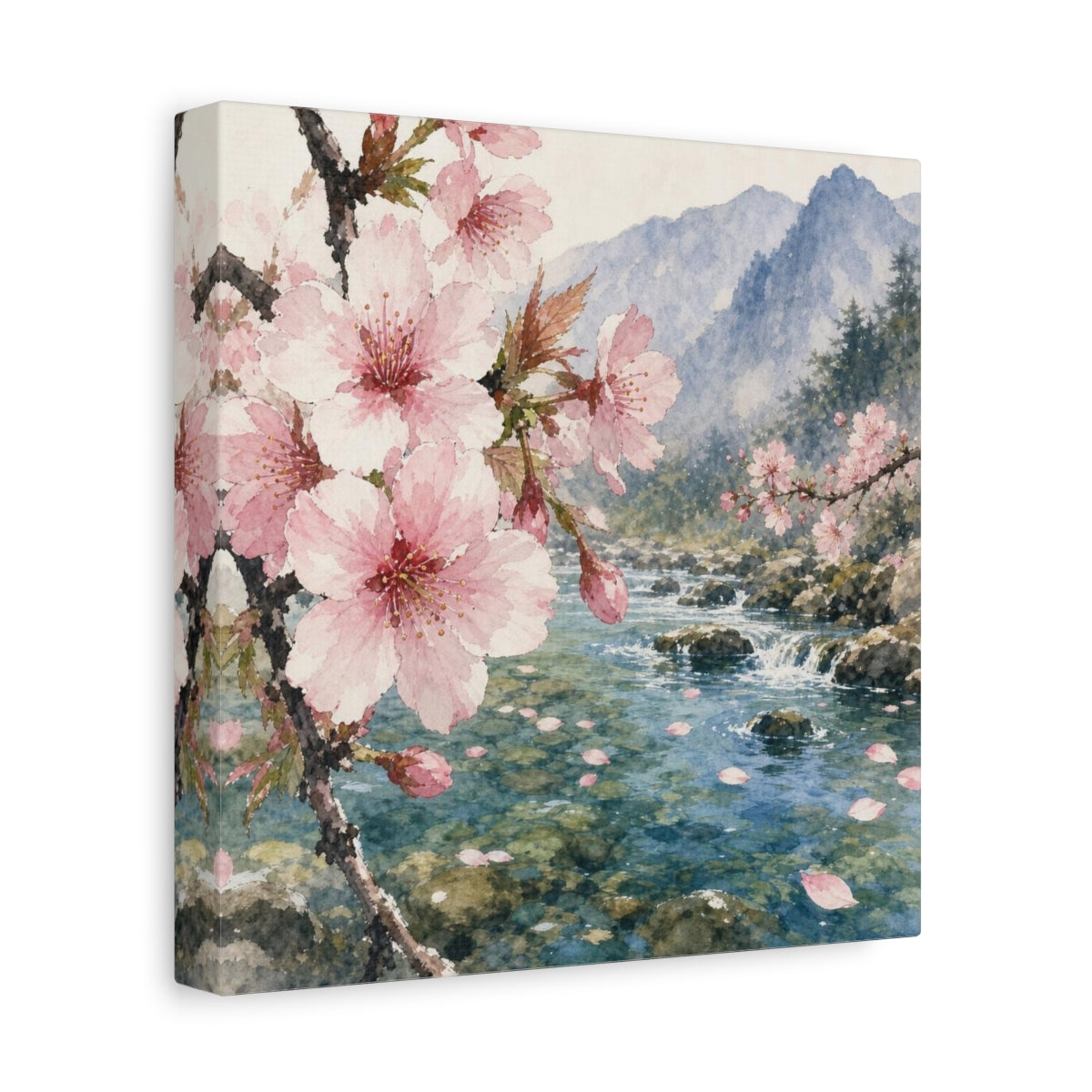 Side Mockup 9. Cherry Blossom Stream shown as canvas print