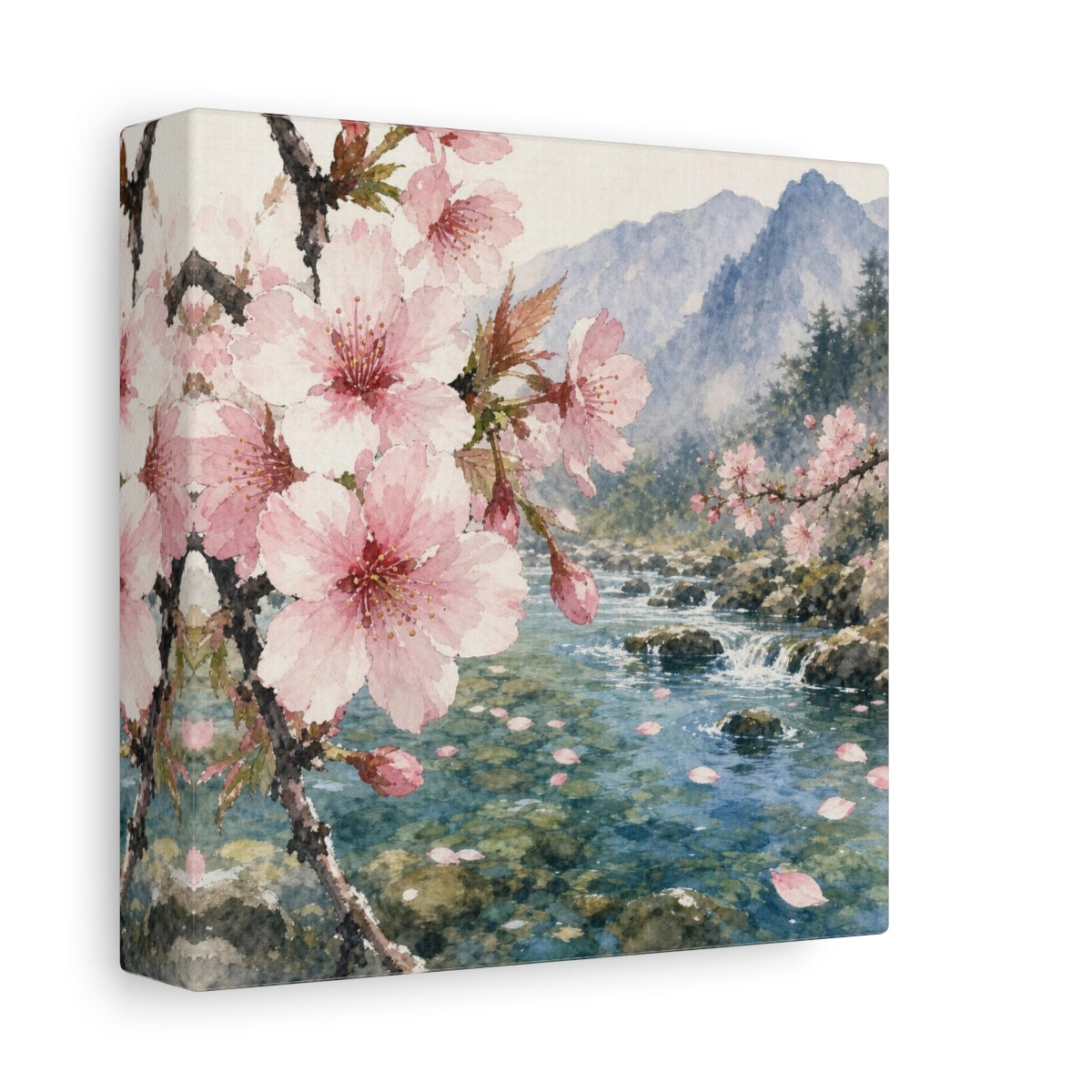 Side Mockup 2. Cherry Blossom Stream shown as canvas print