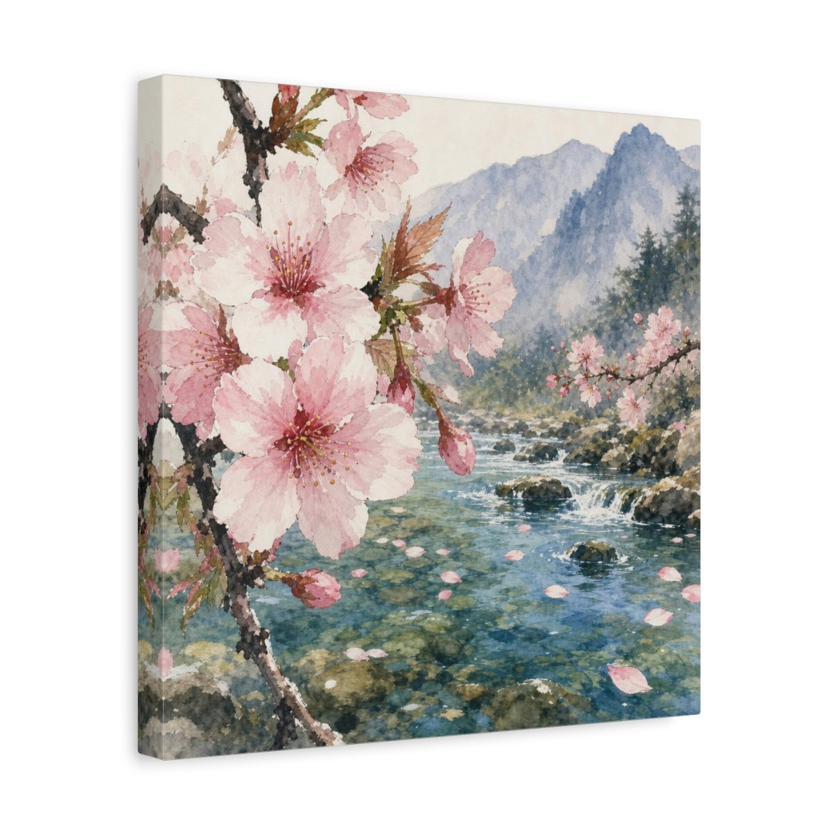 Side Mockup 7. Cherry Blossom Stream shown as canvas print