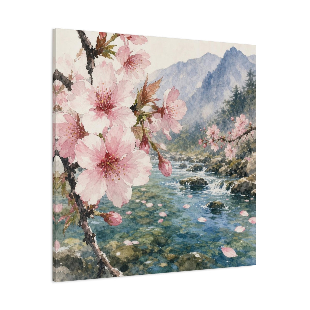 Side Mockup 1. Cherry Blossom Stream shown as canvas print
