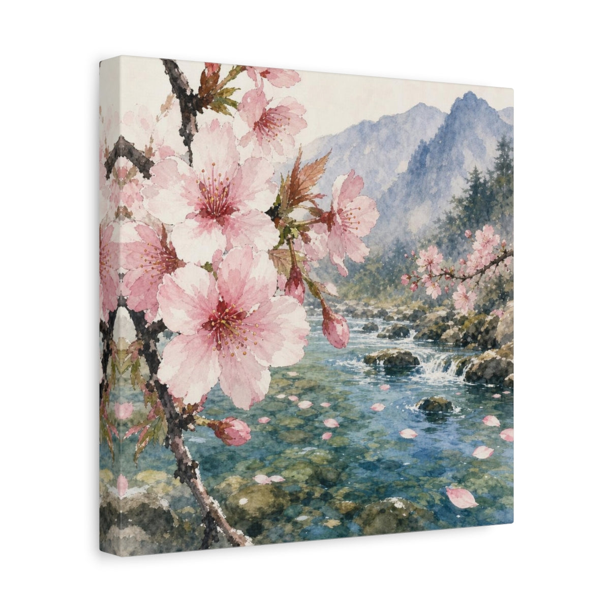 Side Mockup 8. Cherry Blossom Stream shown as canvas print