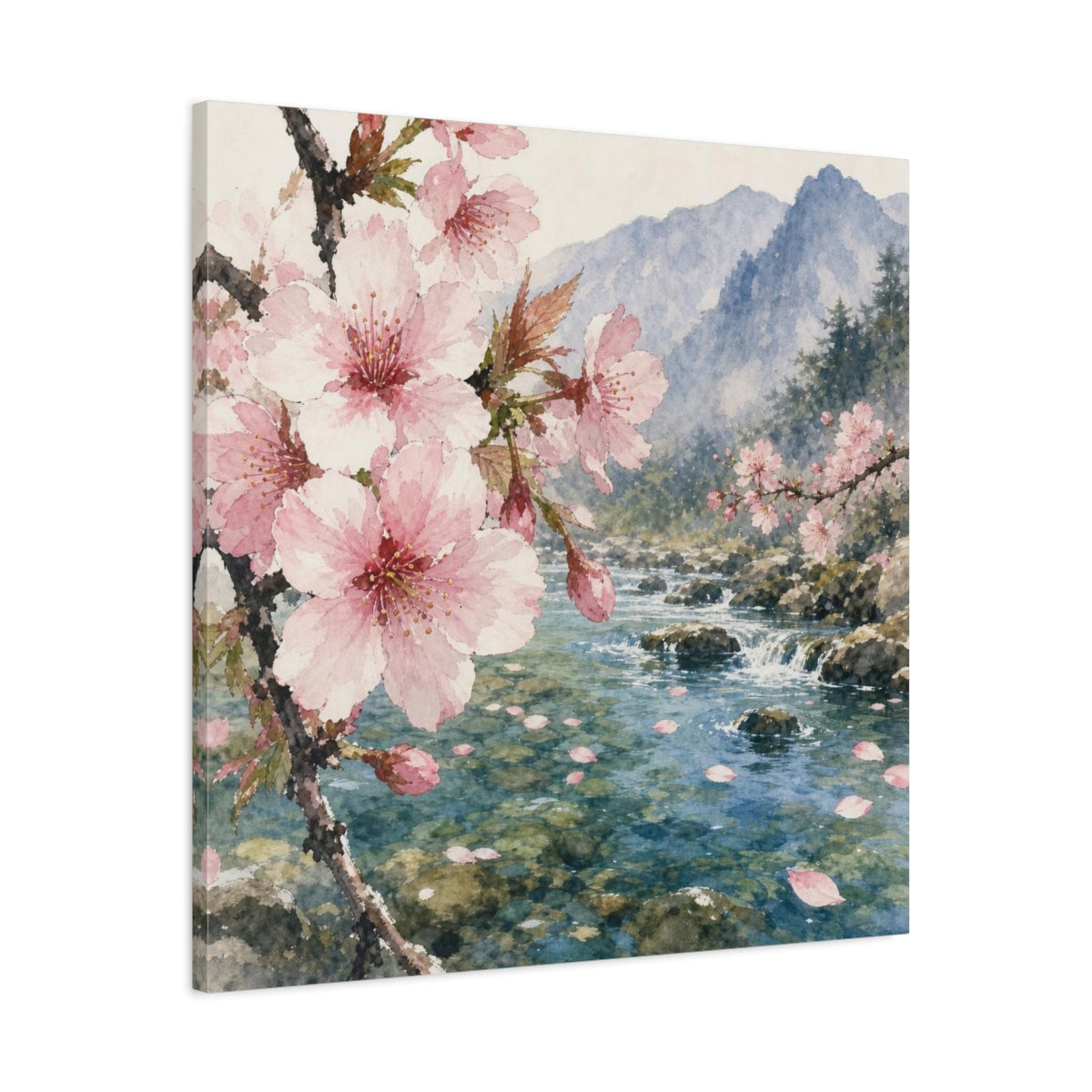 Side Mockup 3. Cherry Blossom Stream shown as canvas print