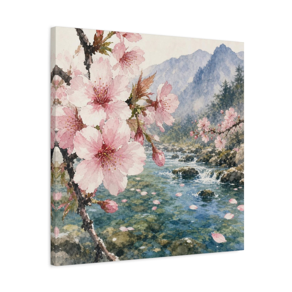 Side Mockup 4. Cherry Blossom Stream shown as canvas print