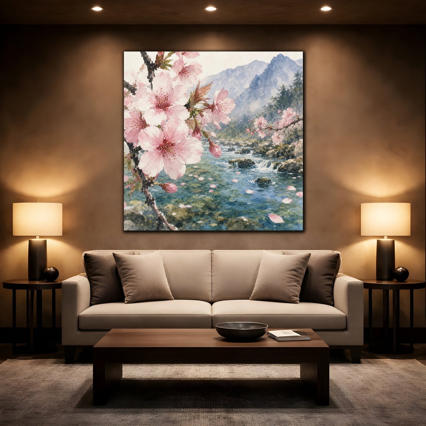 Mockup 2. Cherry Blossom Stream shown as canvas print