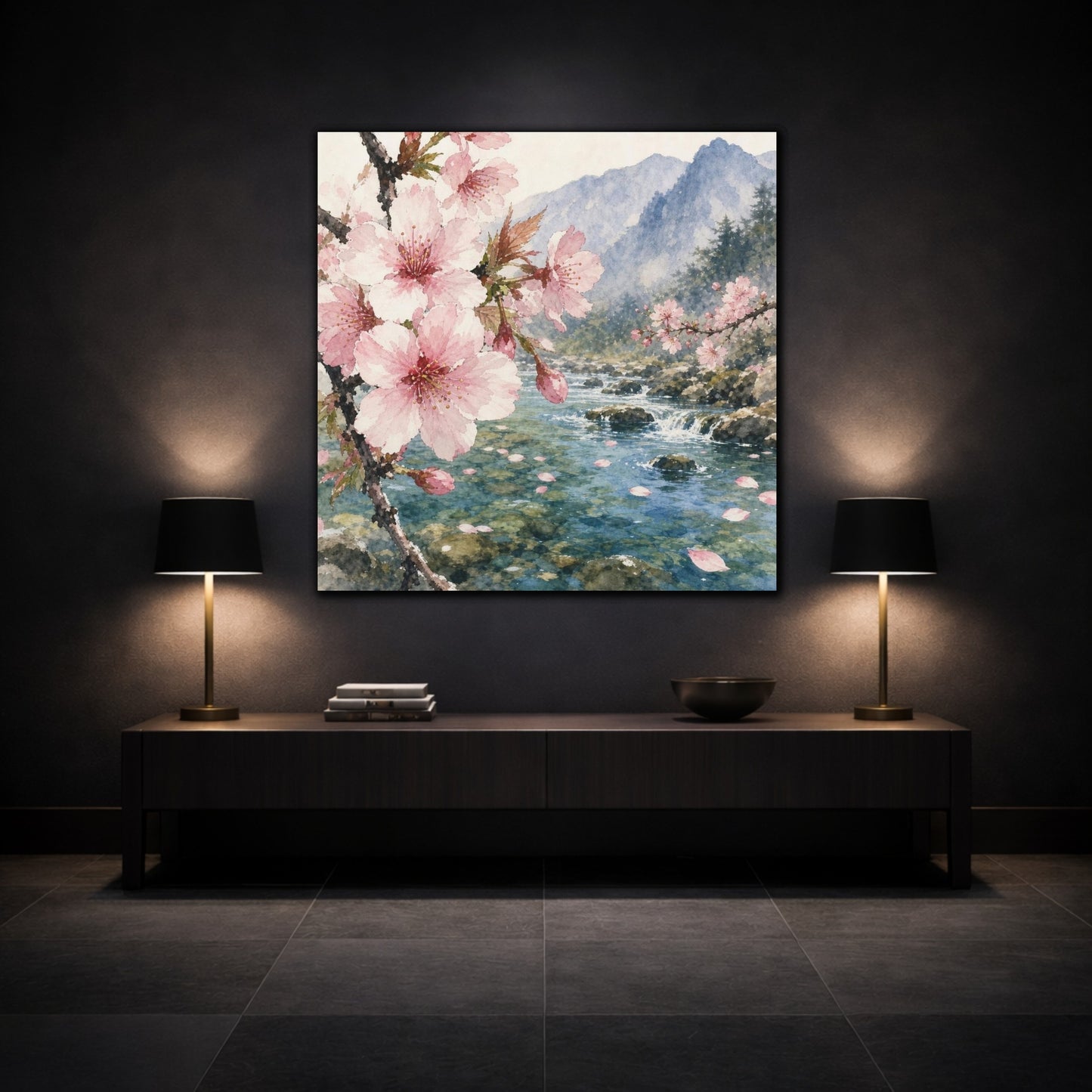 Mockup 3. Cherry Blossom Stream shown as canvas print
