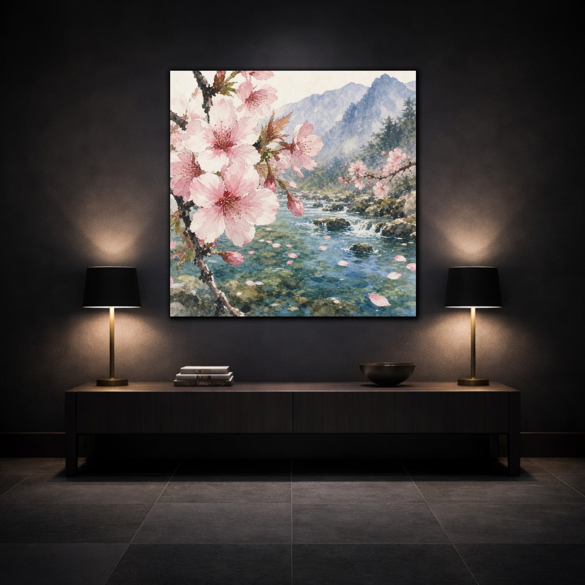 Mockup 3. Cherry Blossom Stream shown as canvas print
