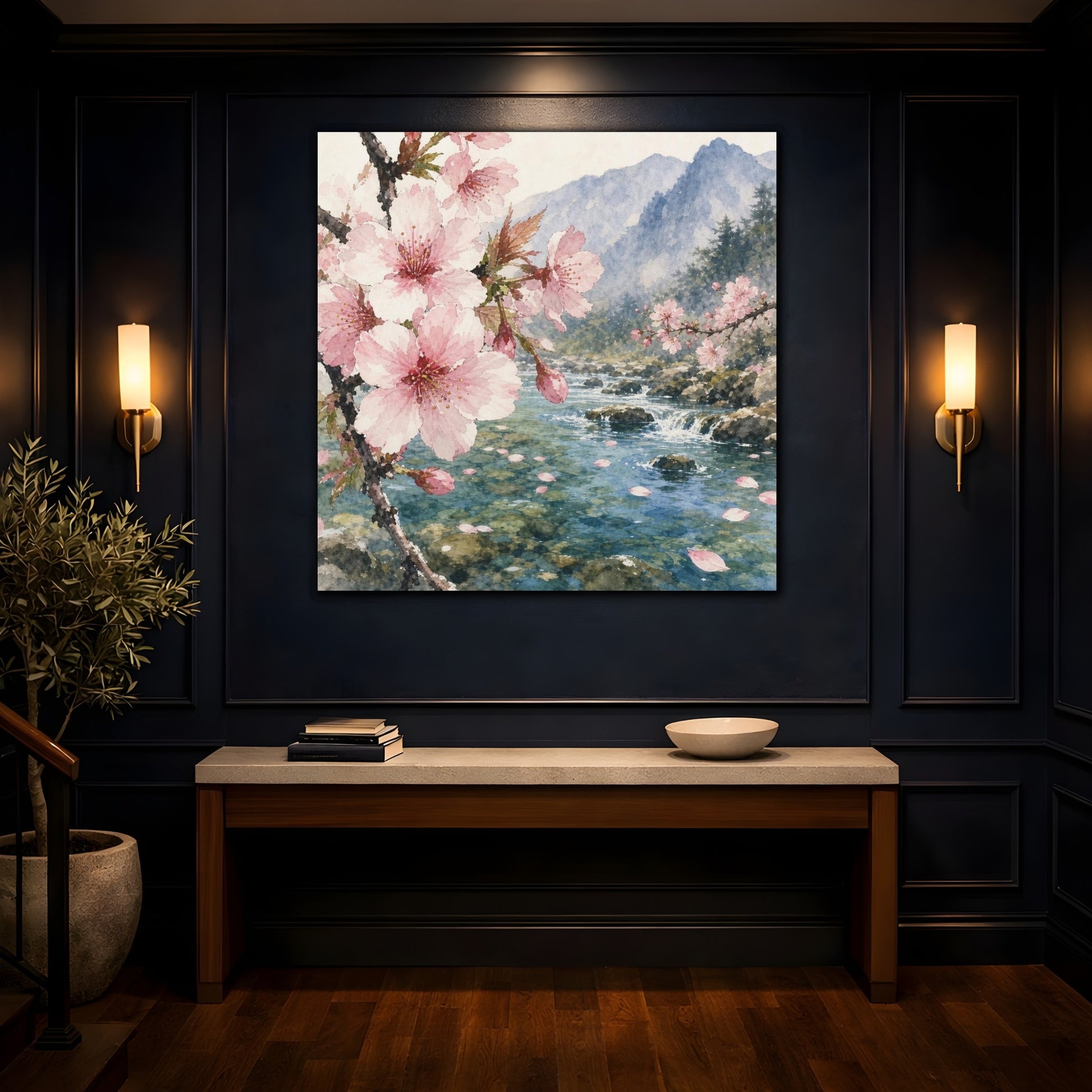Mockup 4. Cherry Blossom Stream shown as canvas print