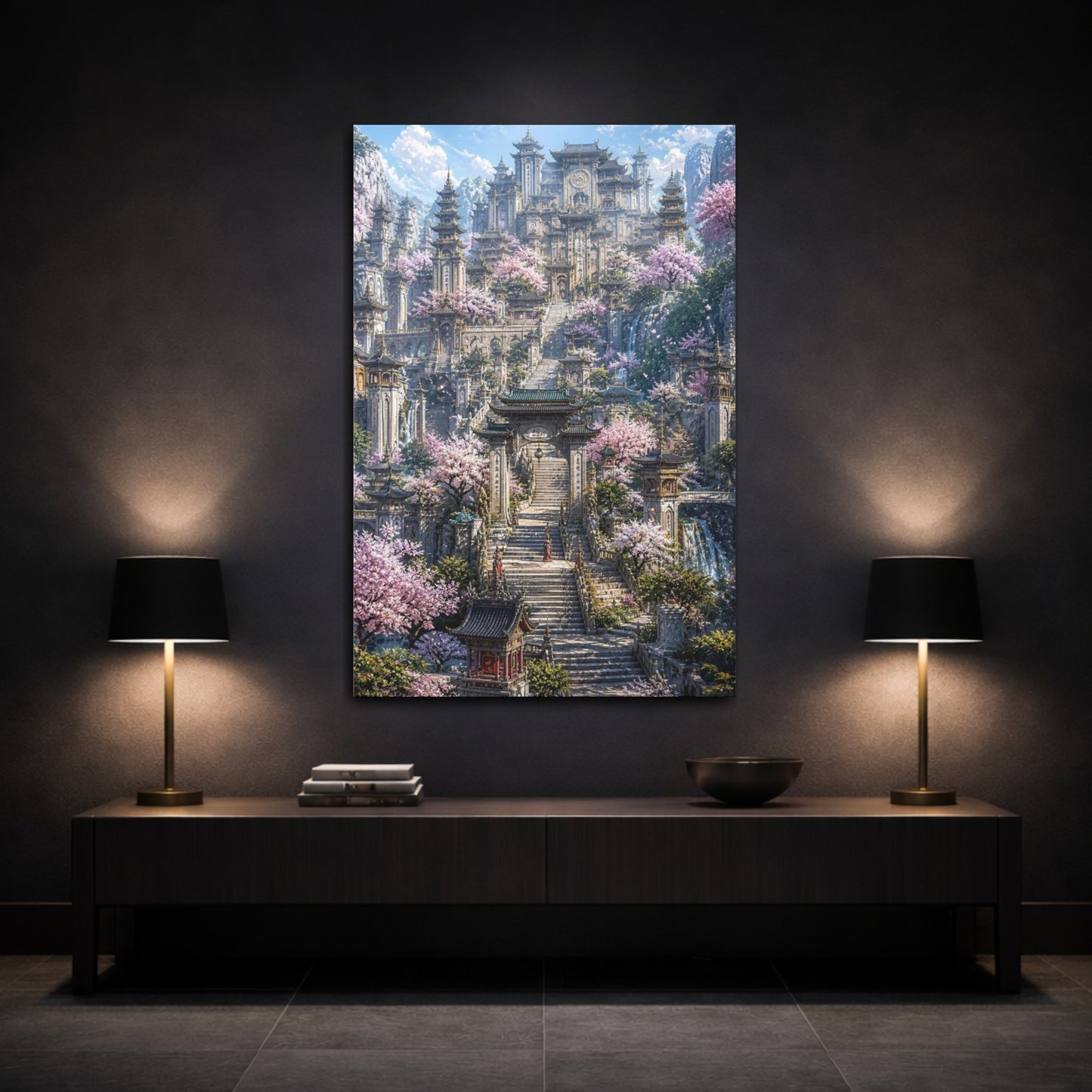 Mockup 3. Cherry Blossom Temple shown as canvas print