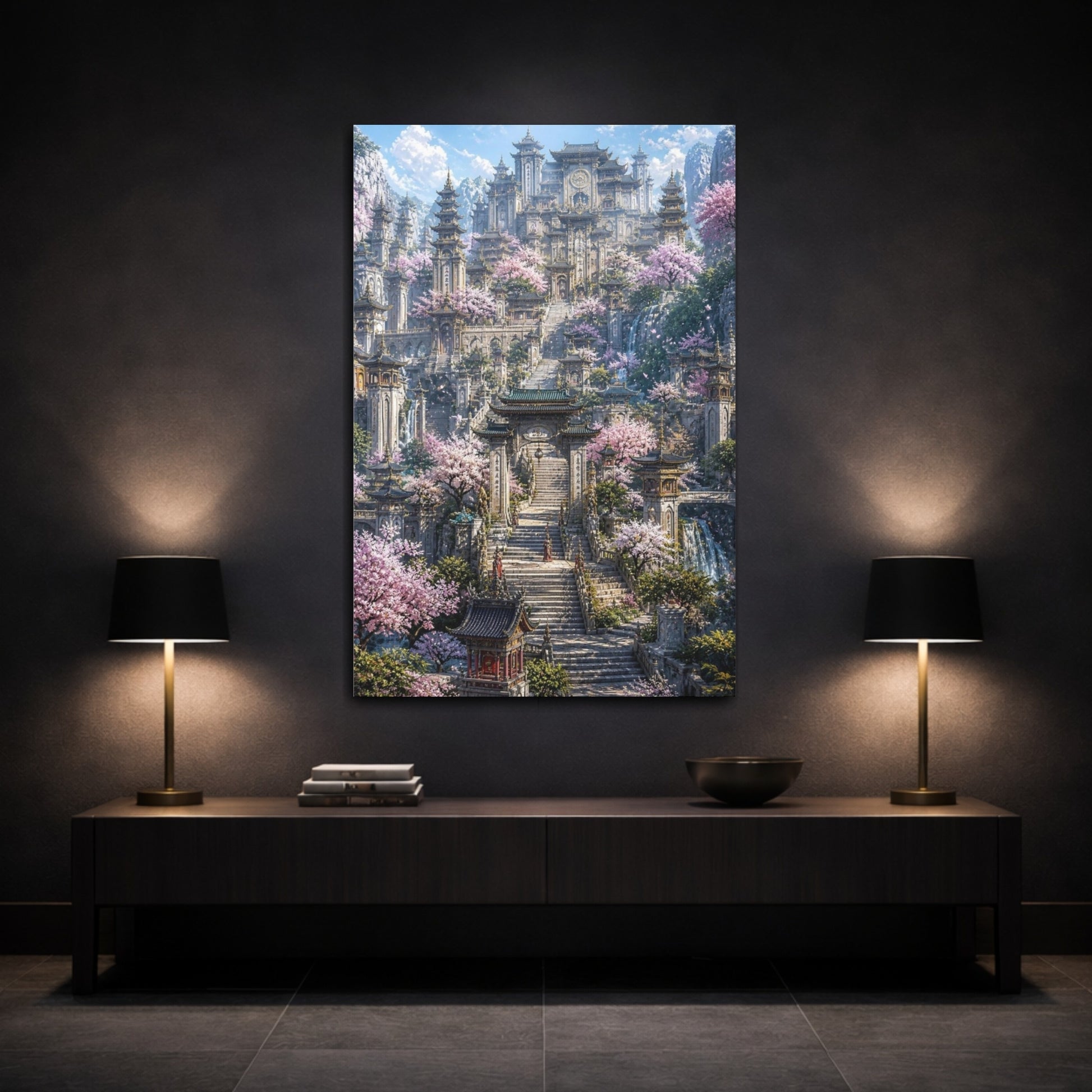 Mockup 3. Cherry Blossom Temple shown as canvas print