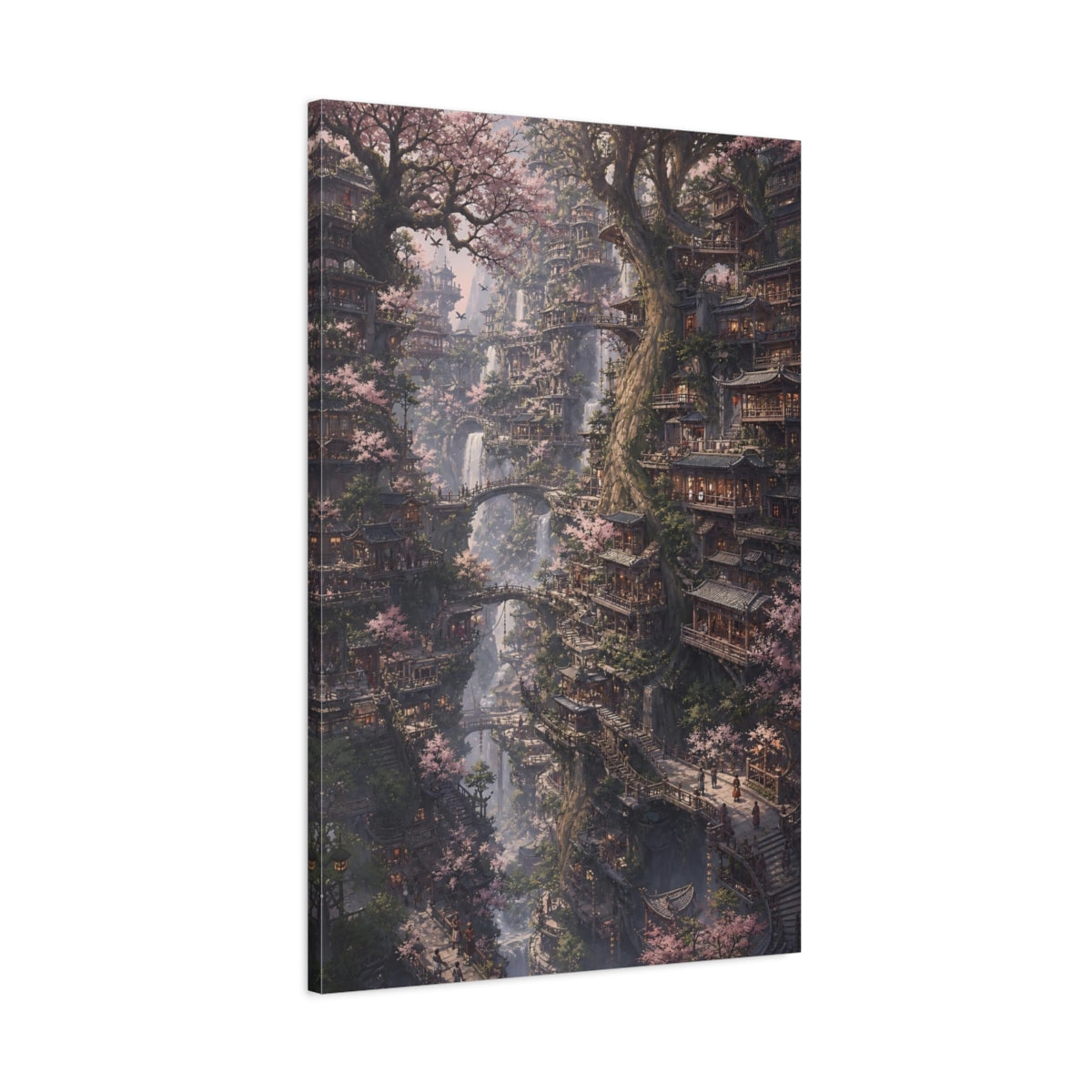 Main Mockup. Cherry Blossom Tree Village shown as canvas print