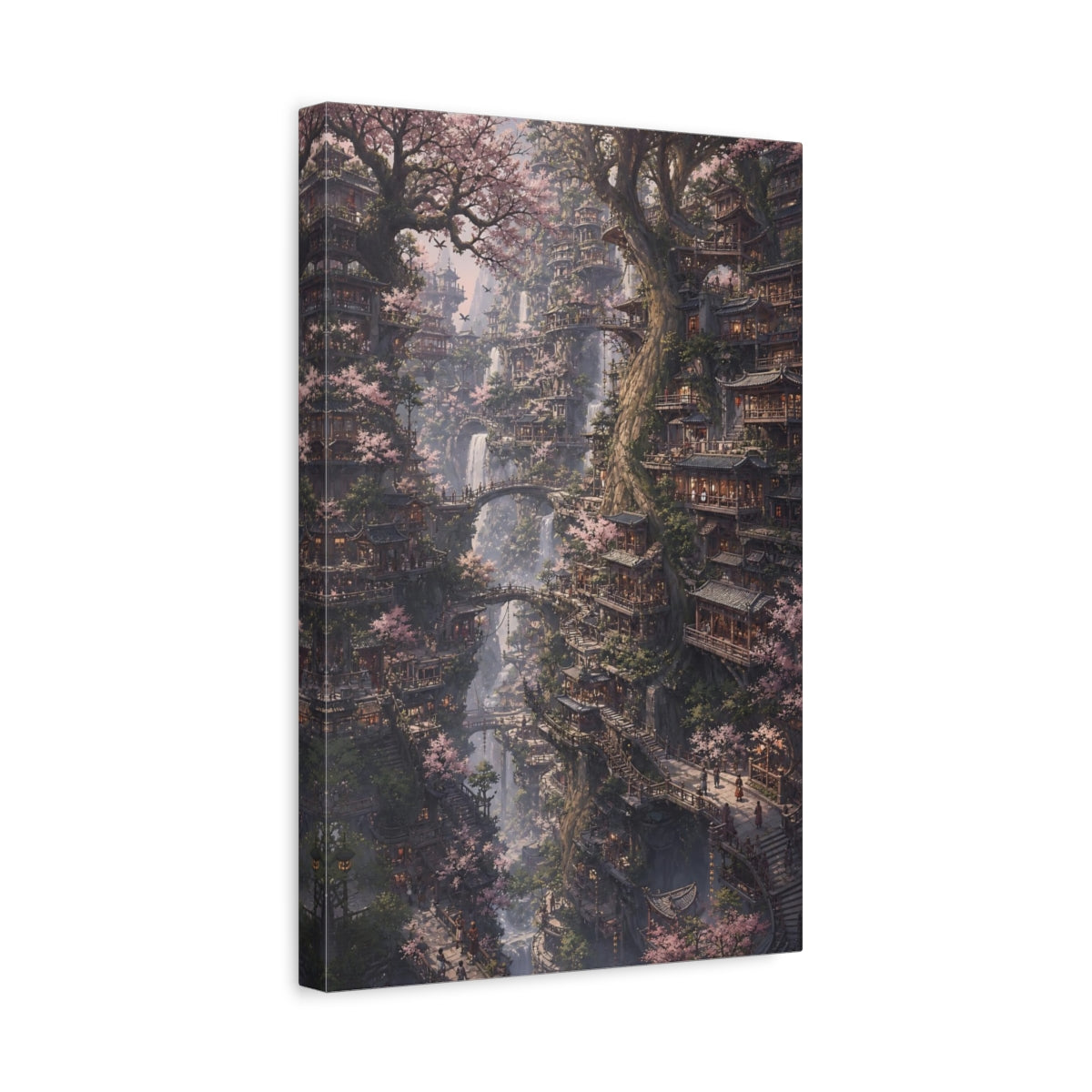 Side Mockup 4. Cherry Blossom Tree Village shown as canvas print