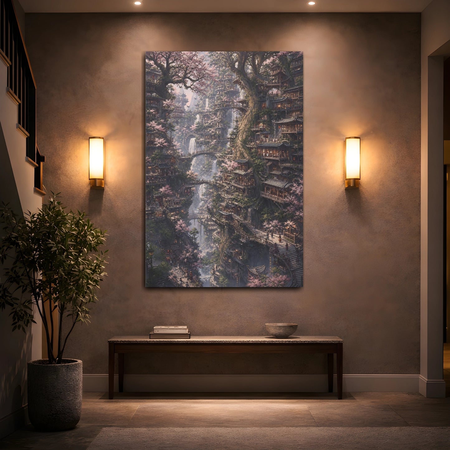 Mockup 2. Cherry Blossom Tree Village shown as canvas print